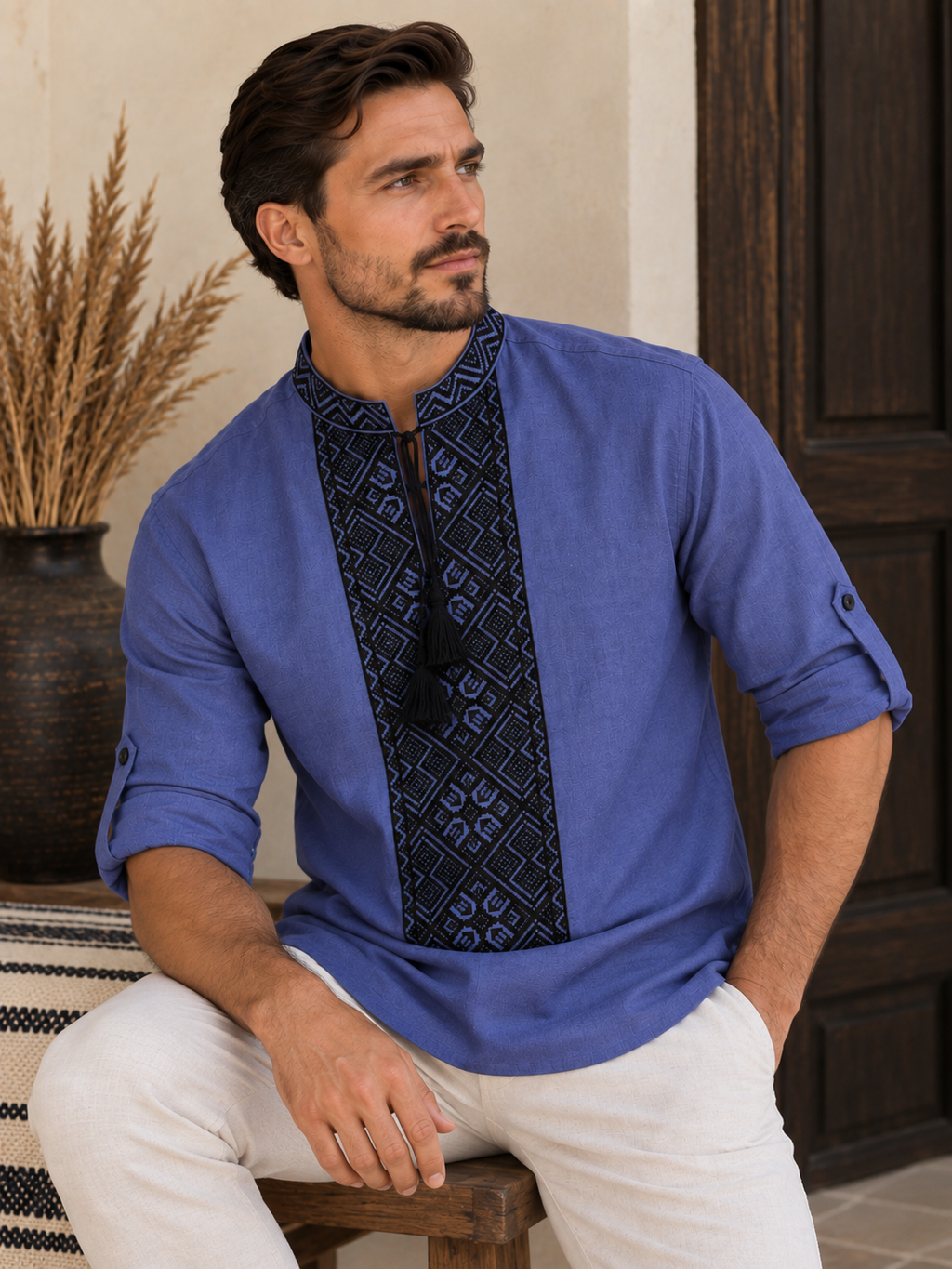 Men’s Dark Navy Linen-Cotton Shirt with Black Embroidery