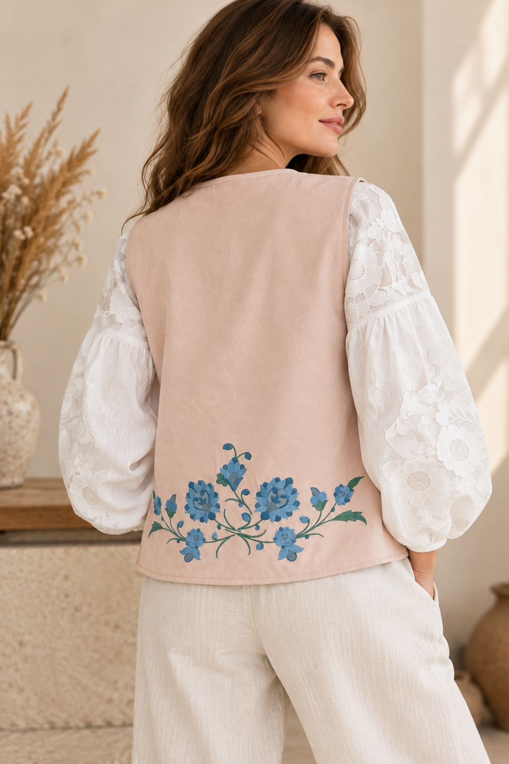 Women’s Blush Pink Velour Vest with Floral Embroidery