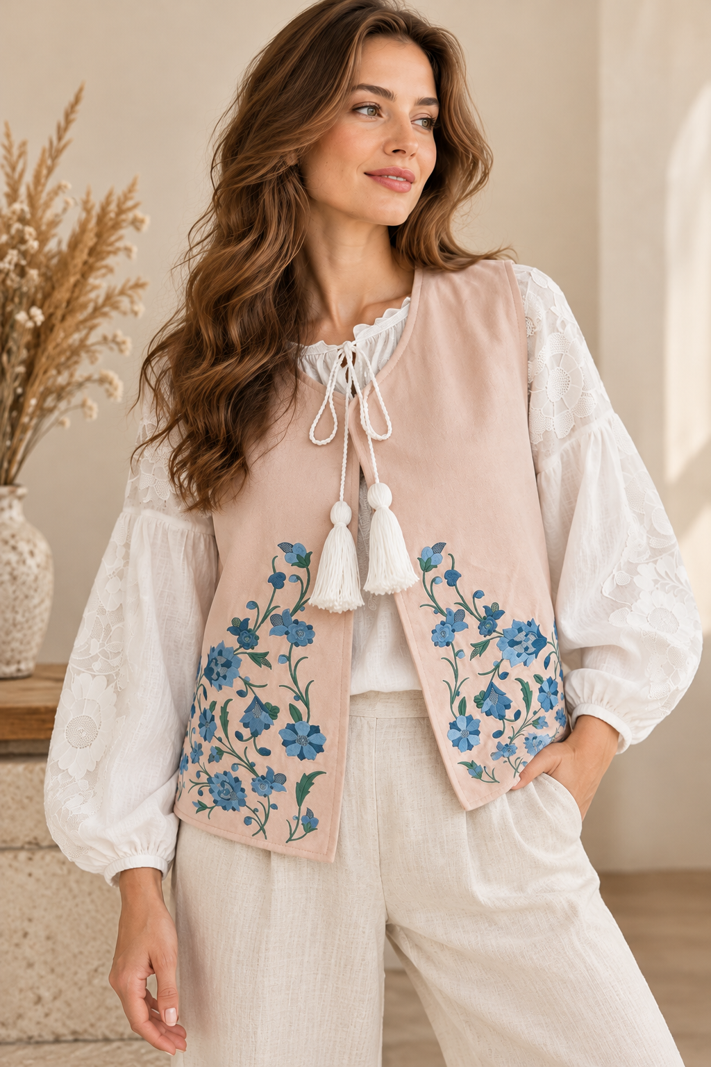 Women’s Blush Pink Velour Vest with Floral Embroidery