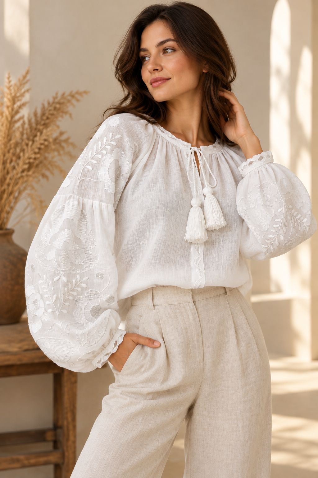 White Linen Vyshyvanka with Traditional Floral Embroidery