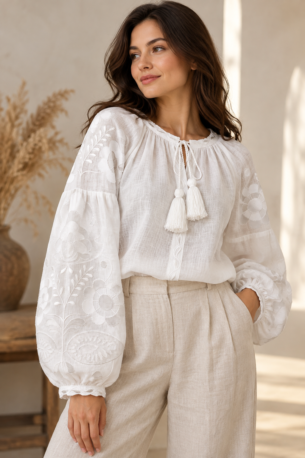 White Linen Vyshyvanka with Traditional Floral Embroidery