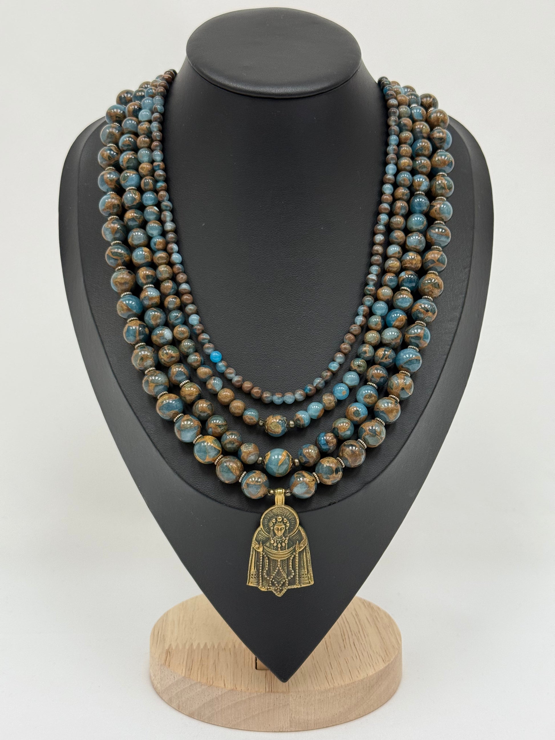Four-Strand Bronze Jasper Necklace with Brass Pokrova Pendant
