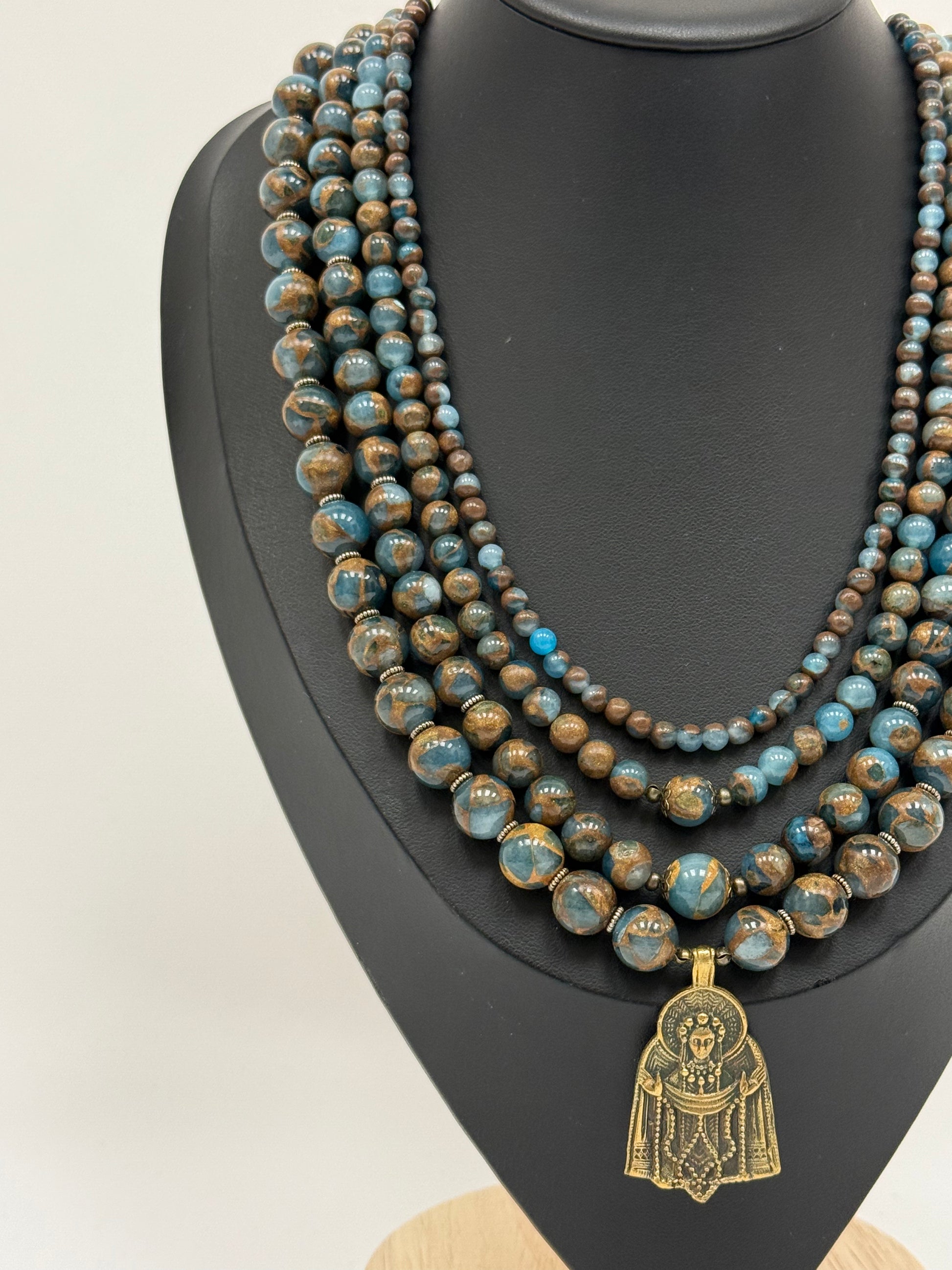 Four-Strand Bronze Jasper Necklace with Brass Pokrova Pendant