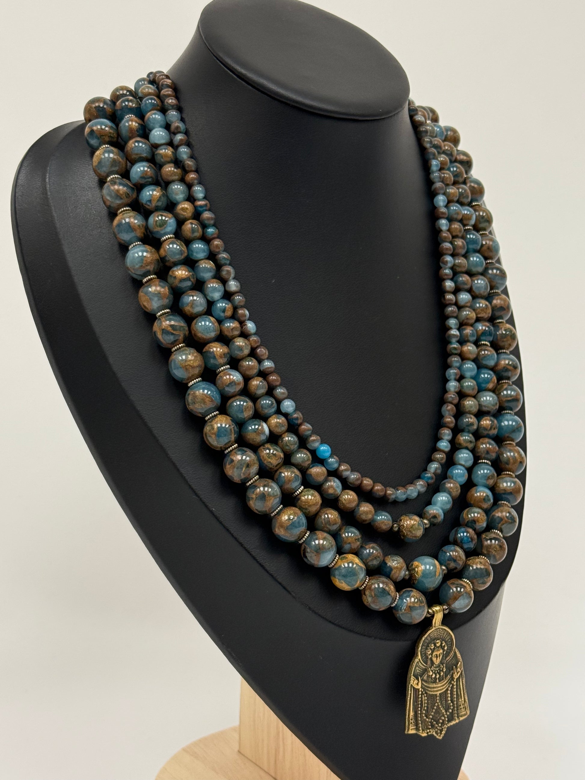 Four-Strand Bronze Jasper Necklace with Brass Pokrova Pendant