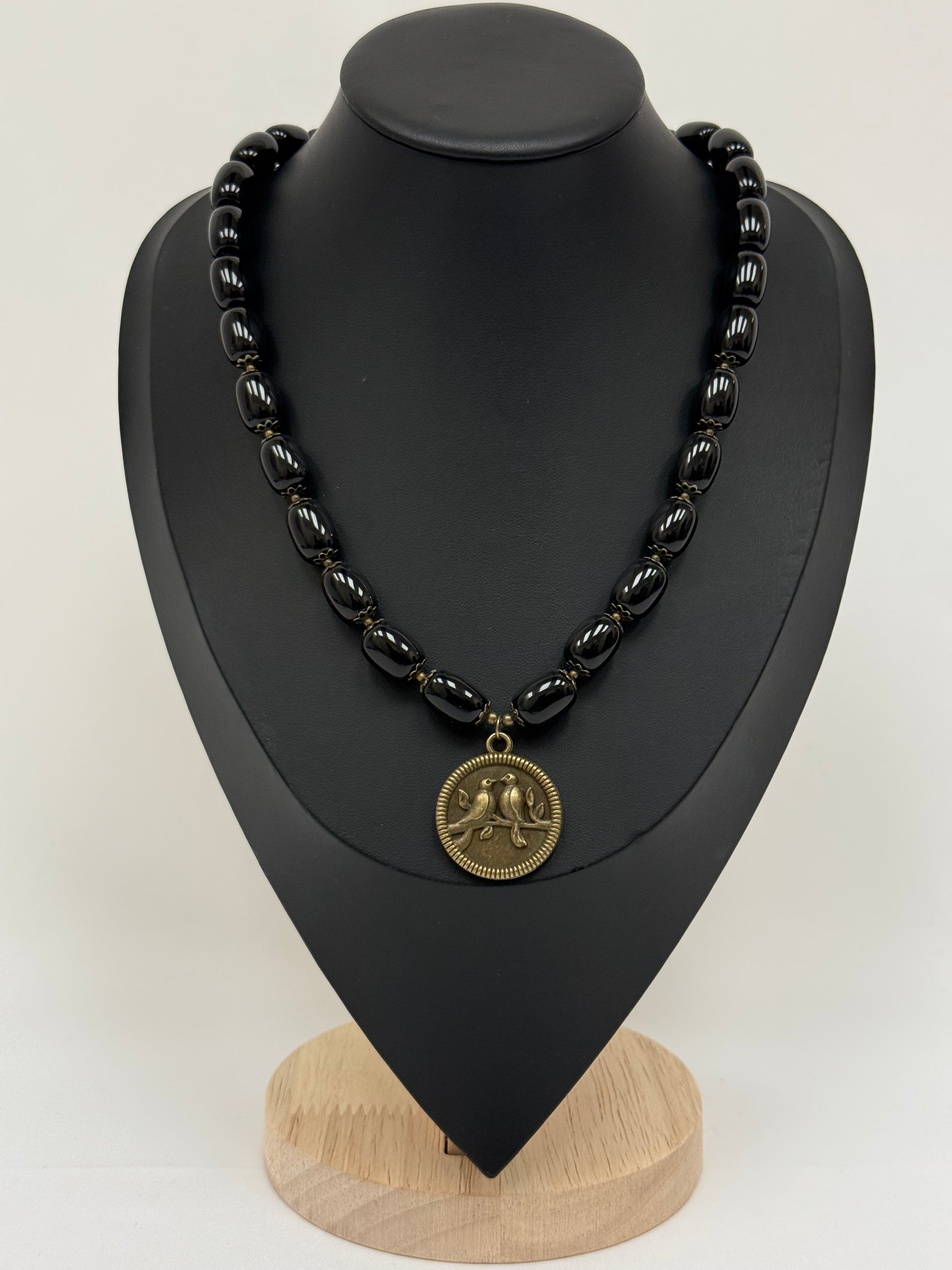 Black Agate Necklace with Nightingale Pendant