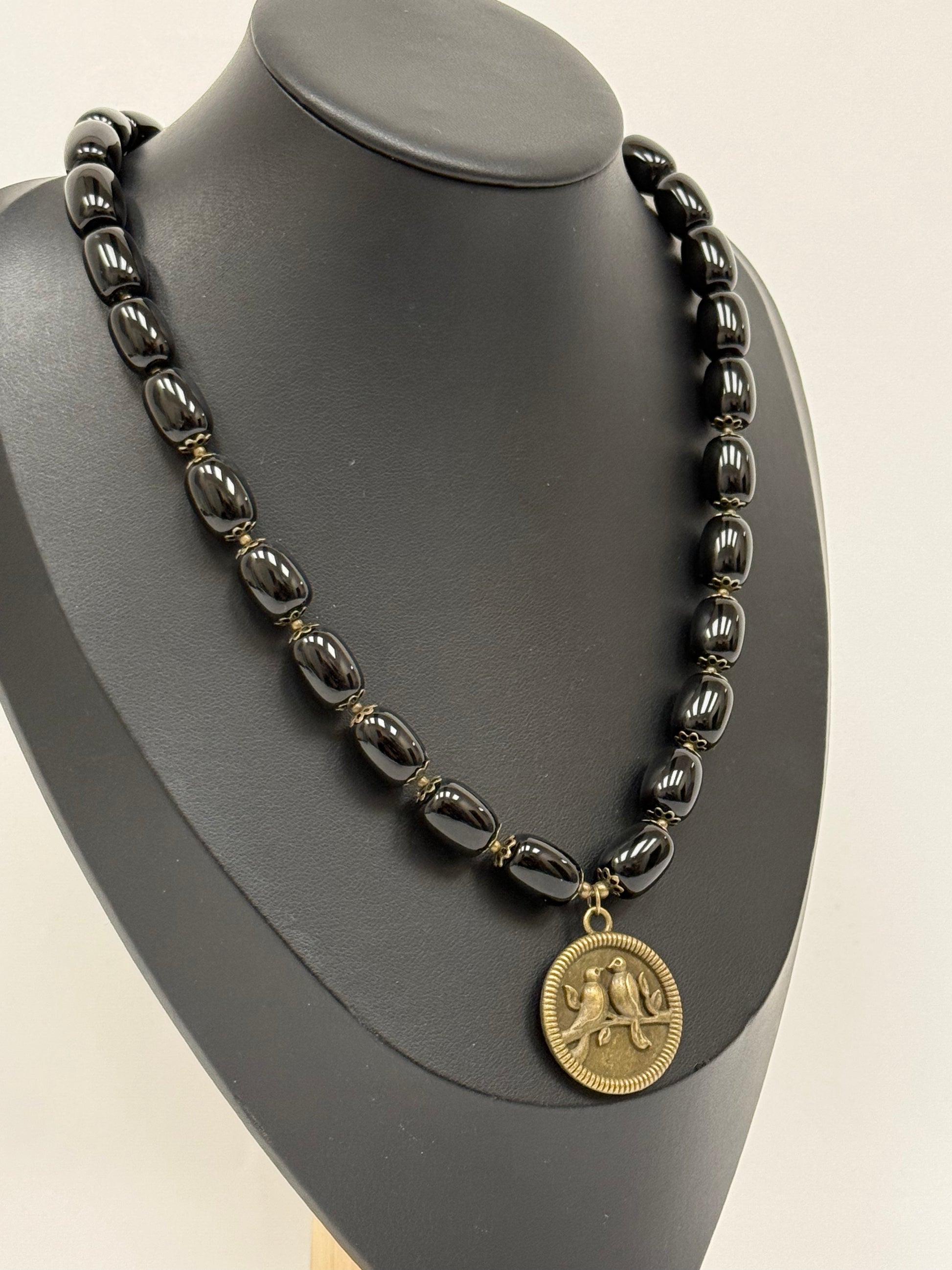 Black Agate Necklace with Nightingale Pendant