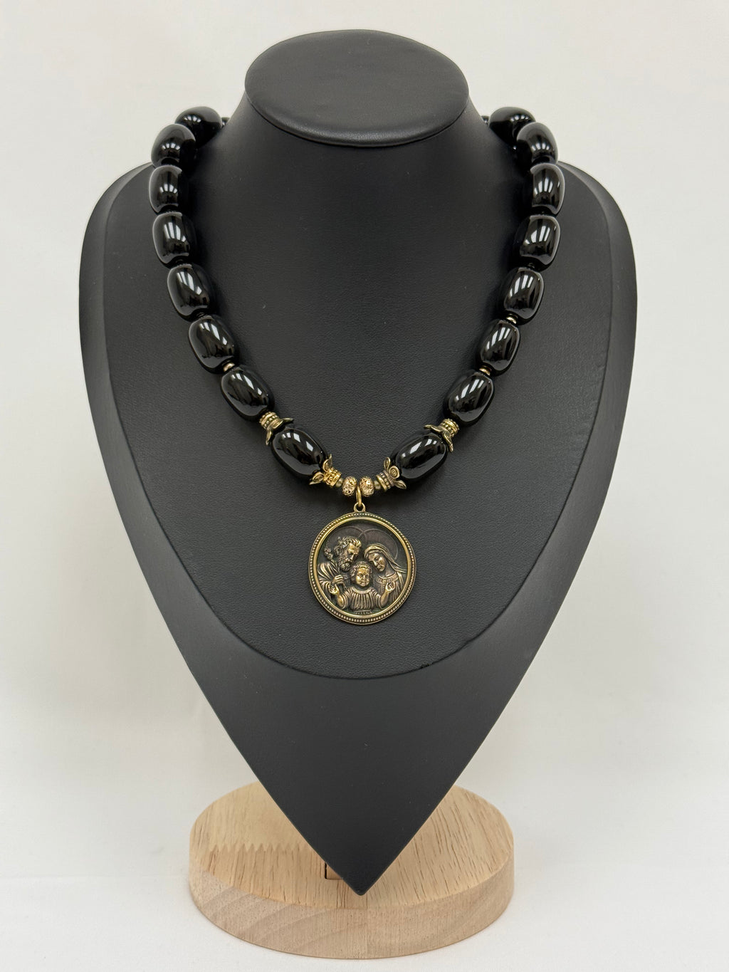 Black Agate Necklace with Brass Holy Family Pendant
