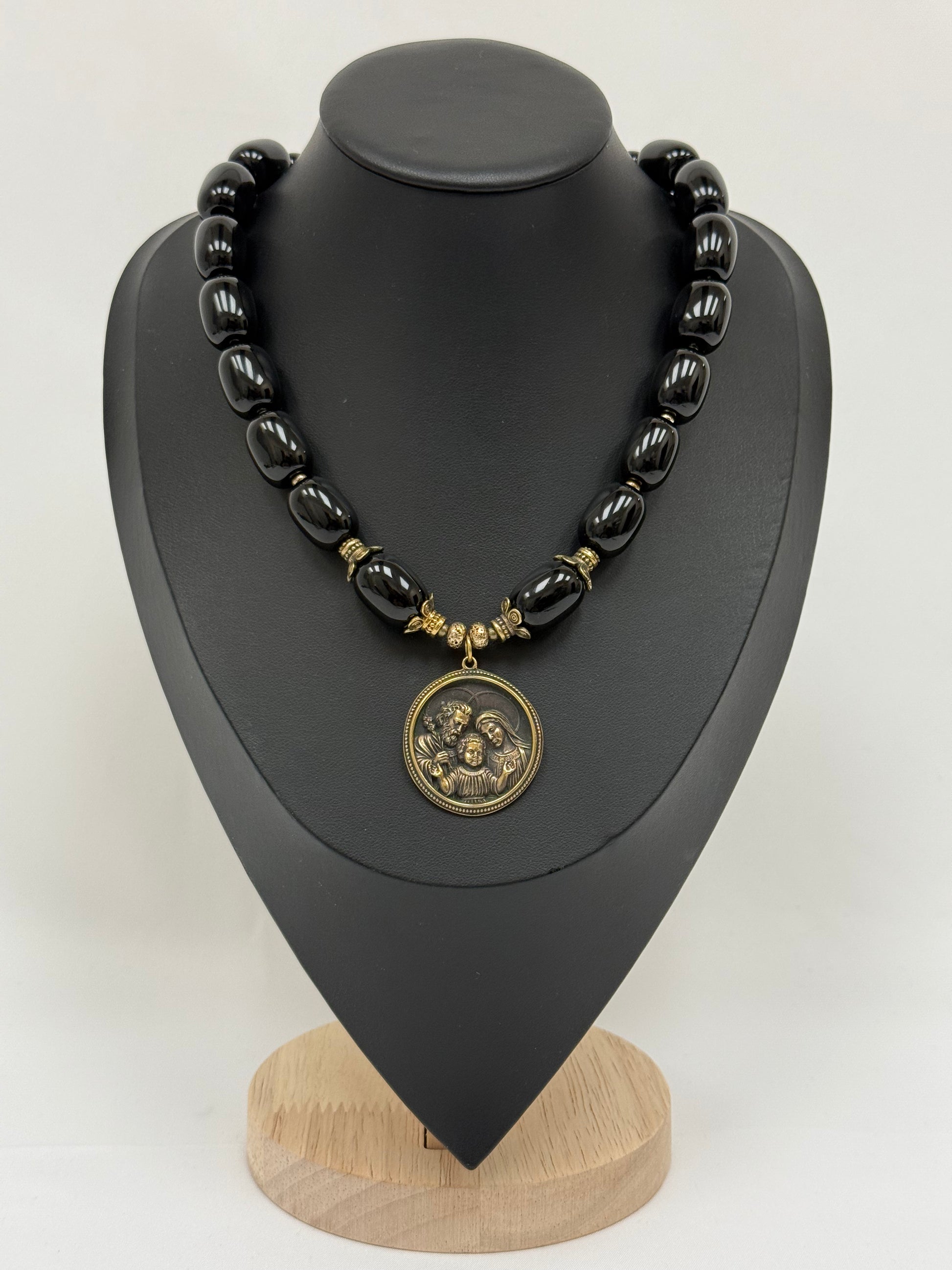 Black Agate Necklace with Brass Holy Family Pendant