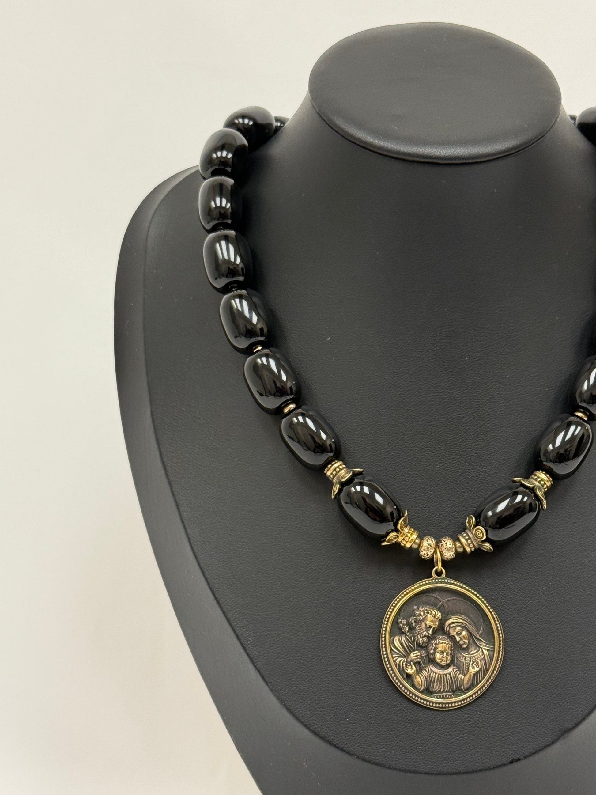 Black Agate Necklace with Brass Holy Family Pendant