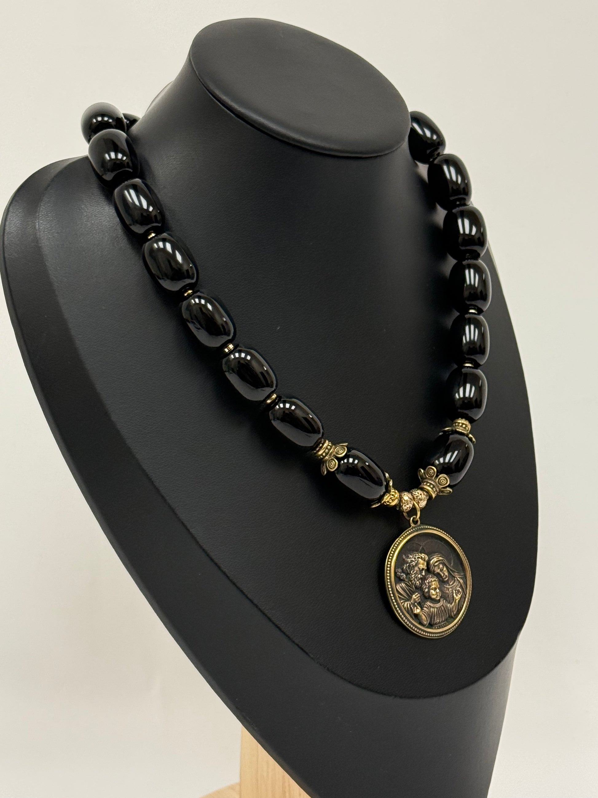 Black Agate Necklace with Brass Holy Family Pendant