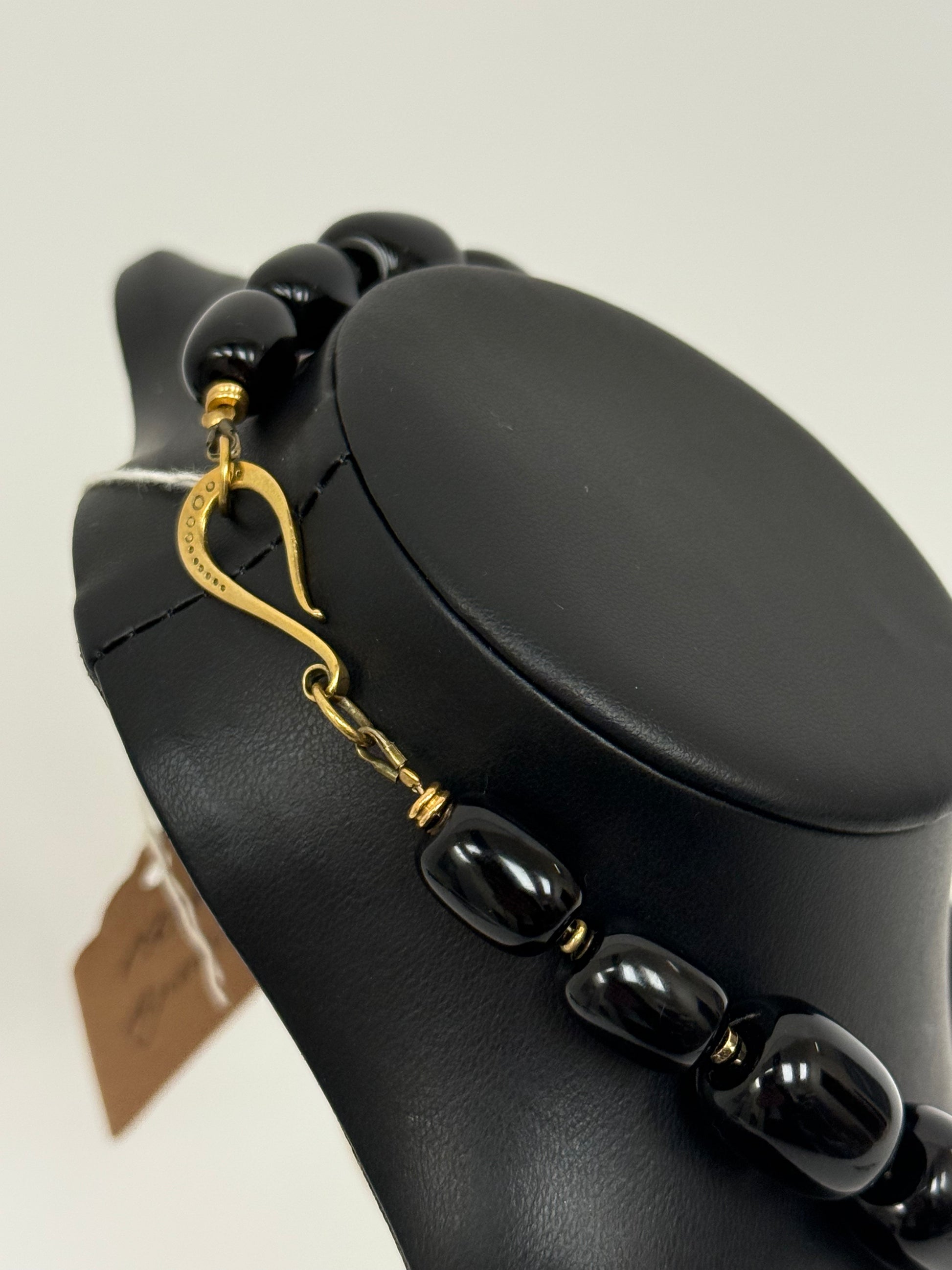 Black Agate Necklace with Brass Holy Family Pendant