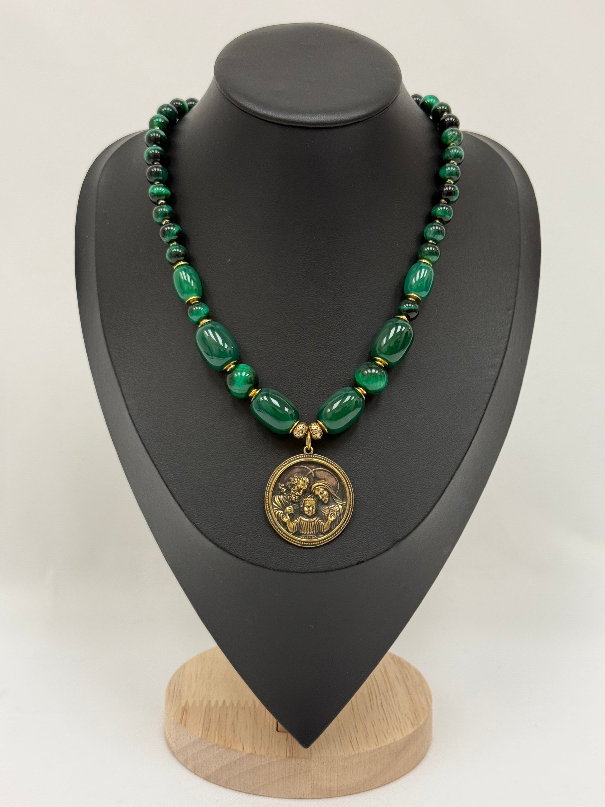 Green Agate and Tiger’s Eye Necklace with Brass Holy Family Pendant