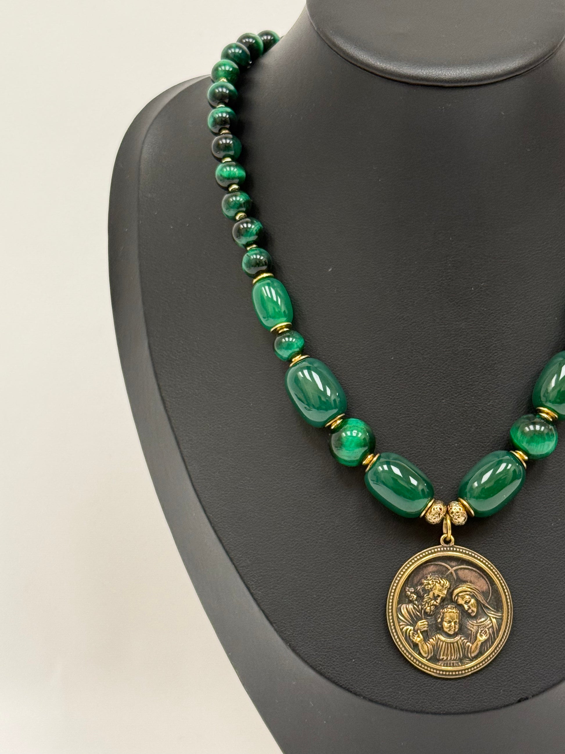Green Agate and Tiger’s Eye Necklace with Brass Holy Family Pendant