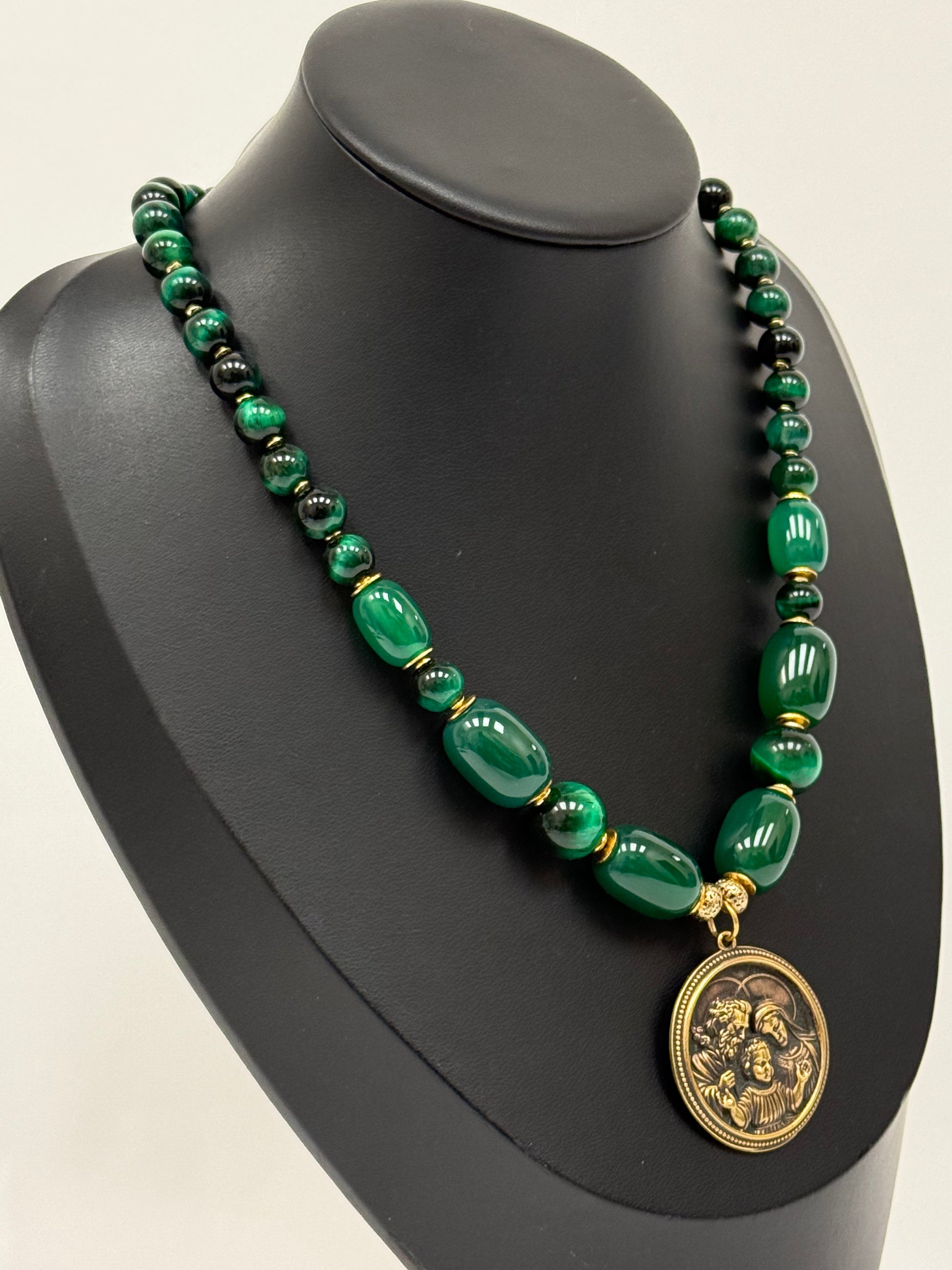 Green Agate and Tiger’s Eye Necklace with Brass Holy Family Pendant