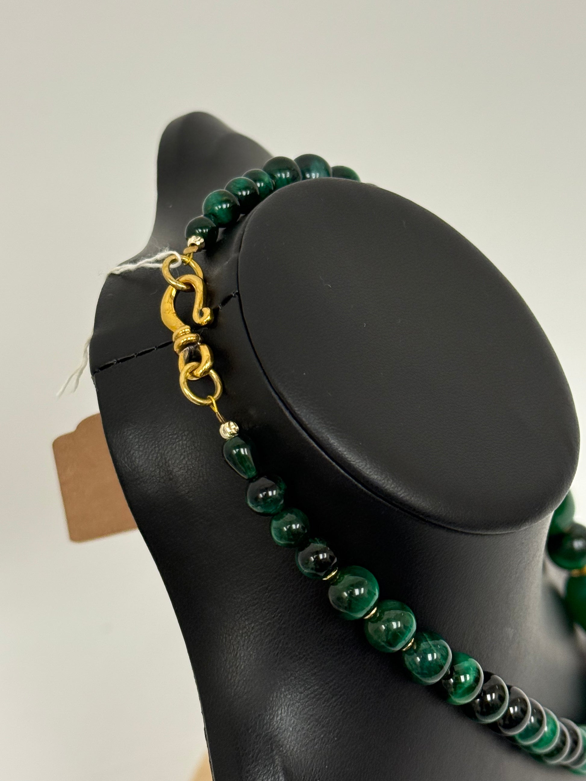 Green Agate and Tiger’s Eye Necklace with Brass Holy Family Pendant