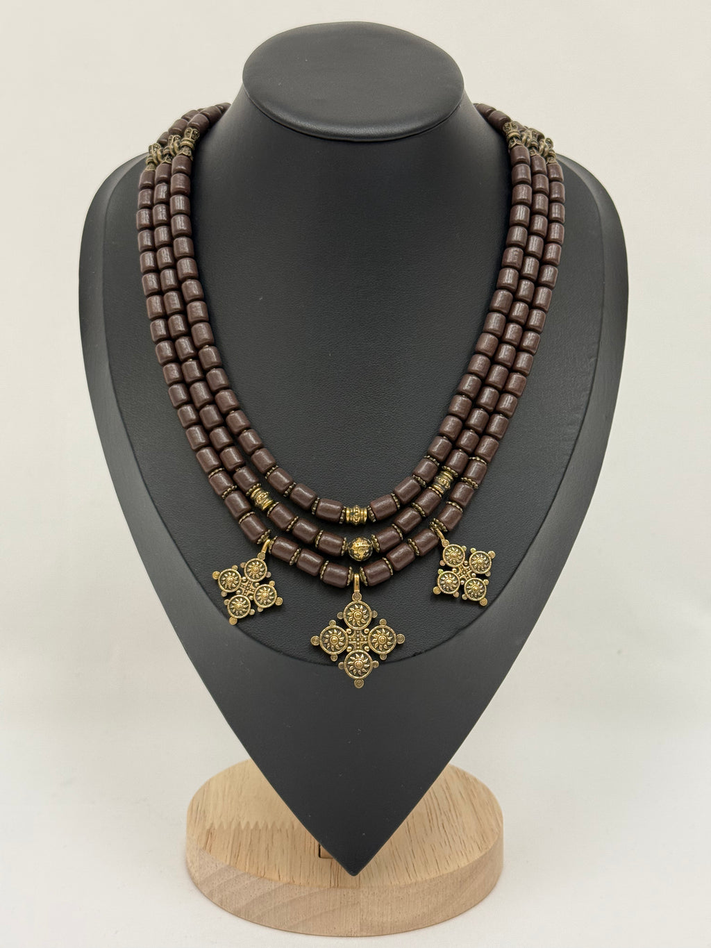 Three-Strand Kosiv Ceramic Necklace with Brass Pendants