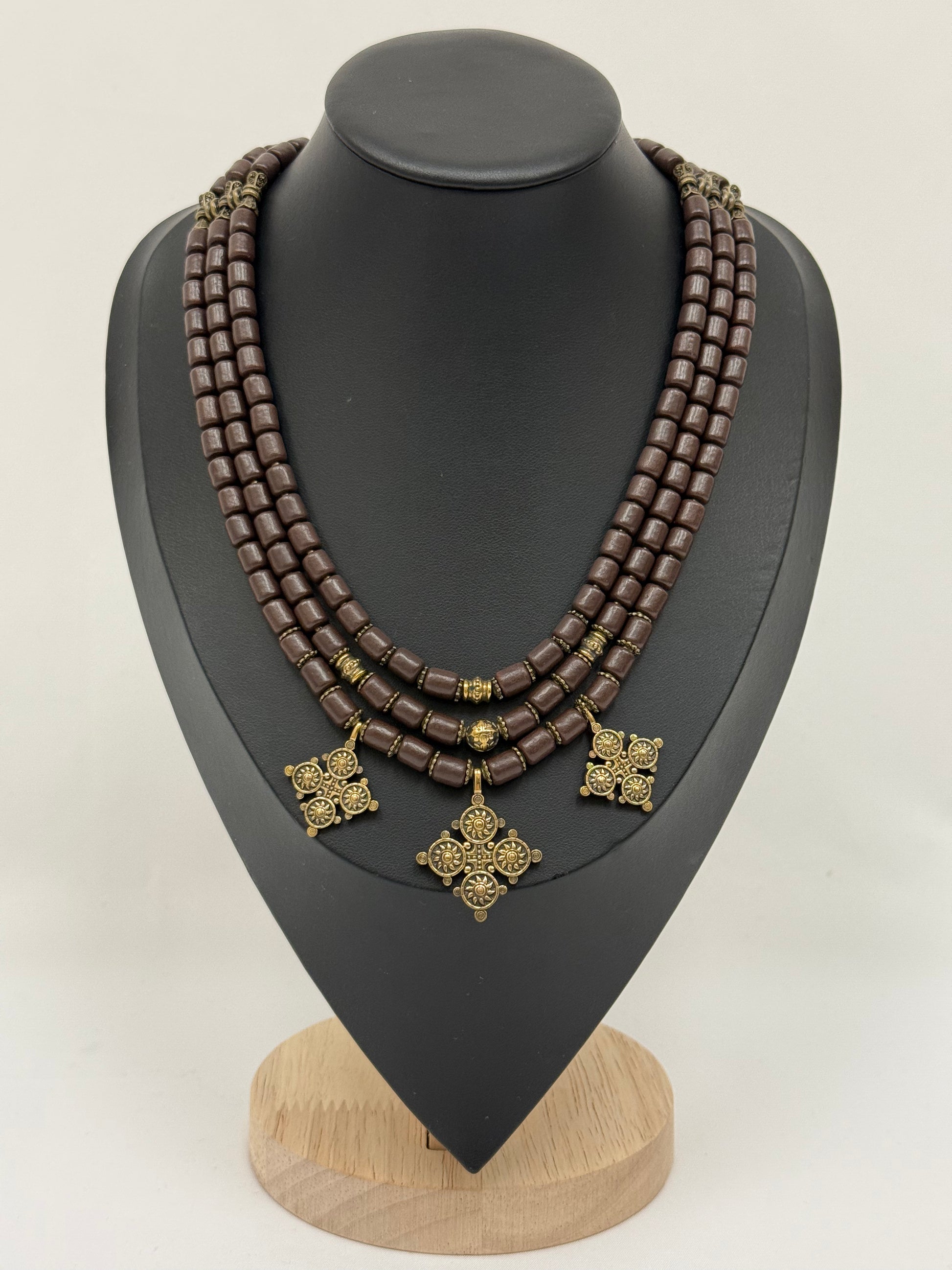 Three-Strand Kosiv Ceramic Necklace with Brass Pendants