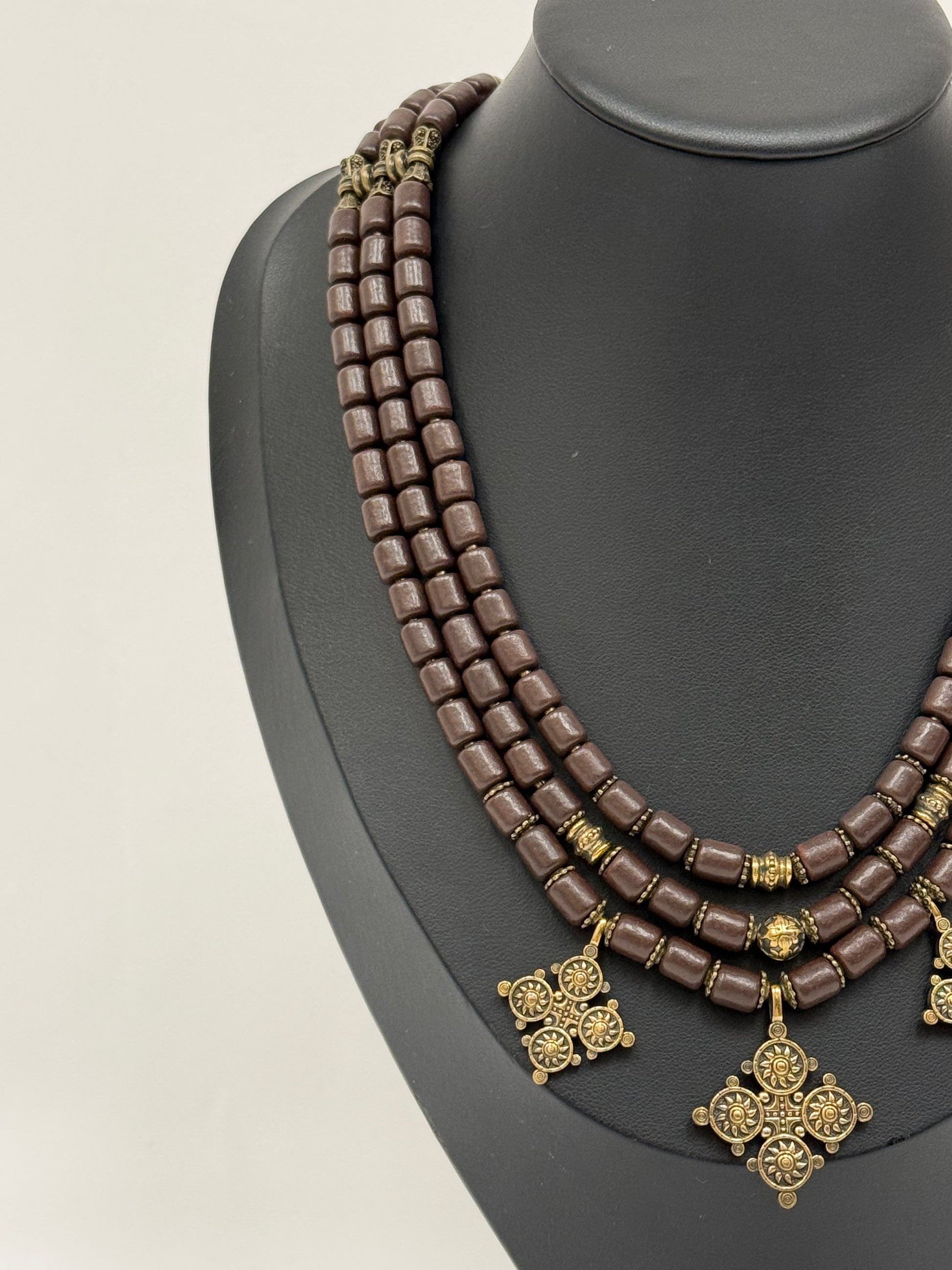 Three-Strand Kosiv Ceramic Necklace with Brass Pendants