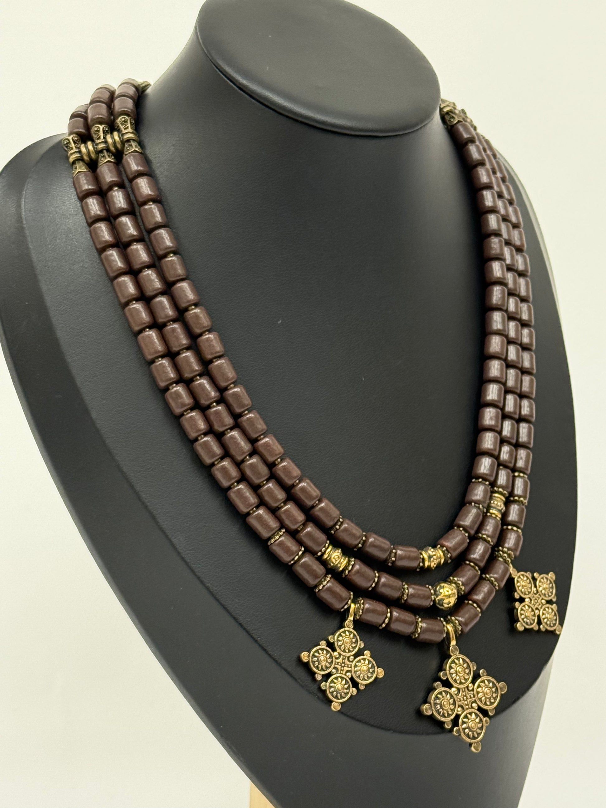 Three-Strand Kosiv Ceramic Necklace with Brass Pendants
