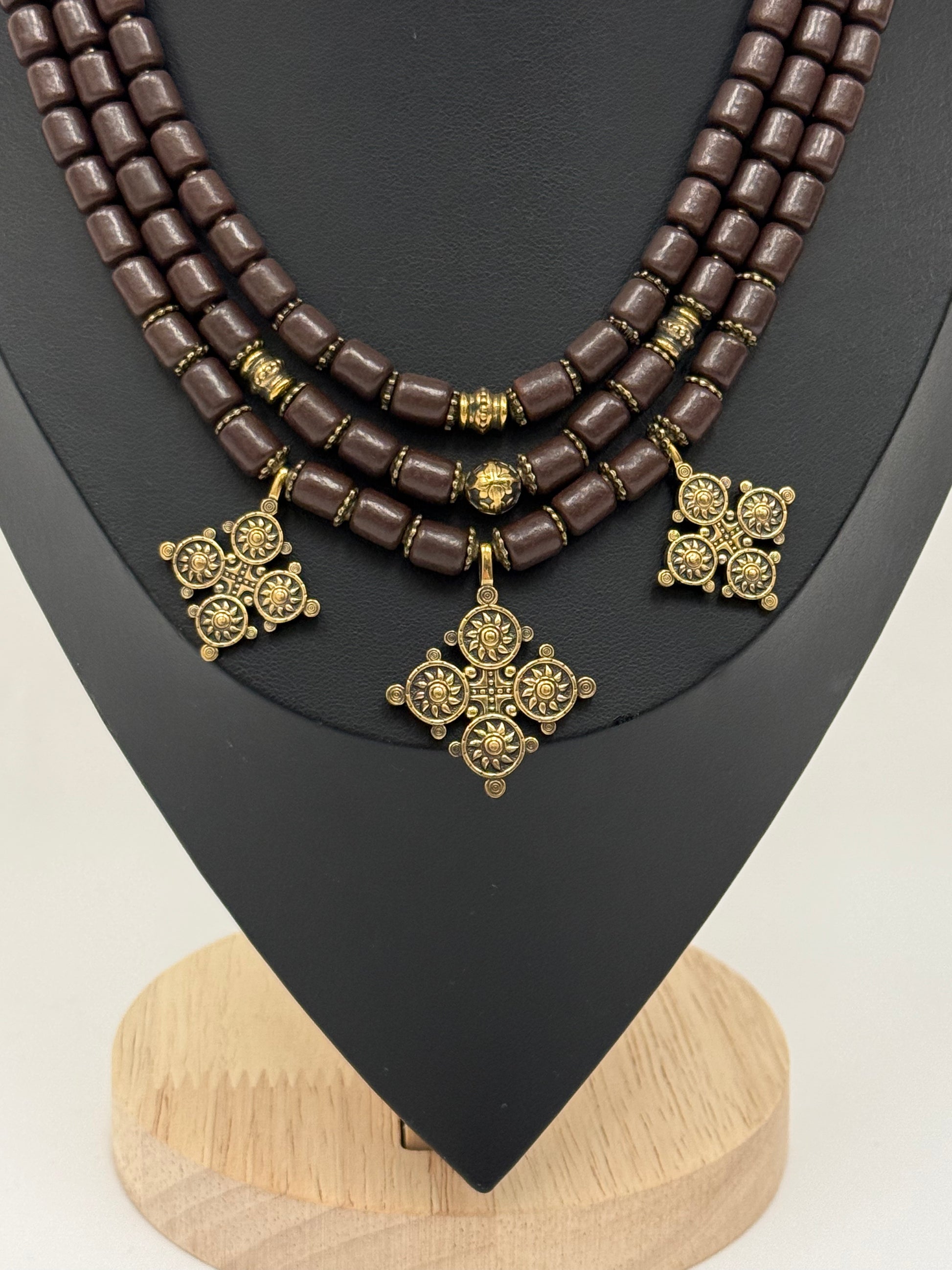 Three-Strand Kosiv Ceramic Necklace with Brass Pendants