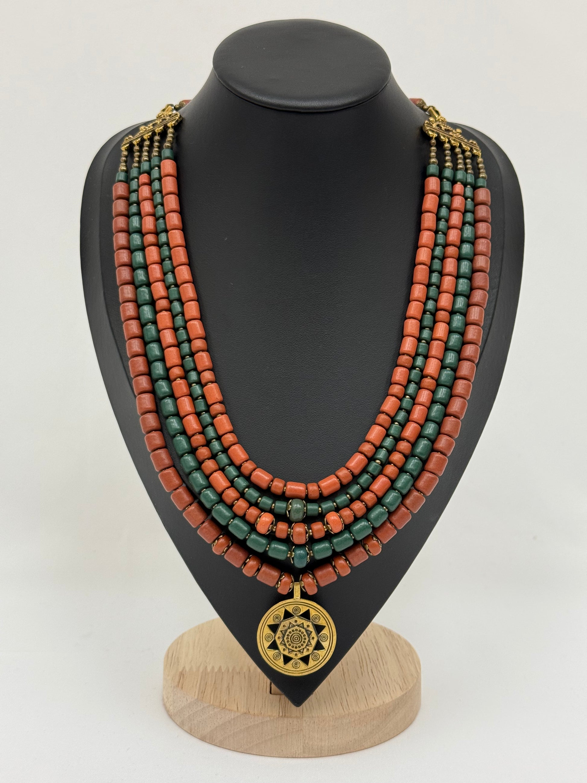 Five-Strand Kosiv Ceramic Necklace with Brass Pendant