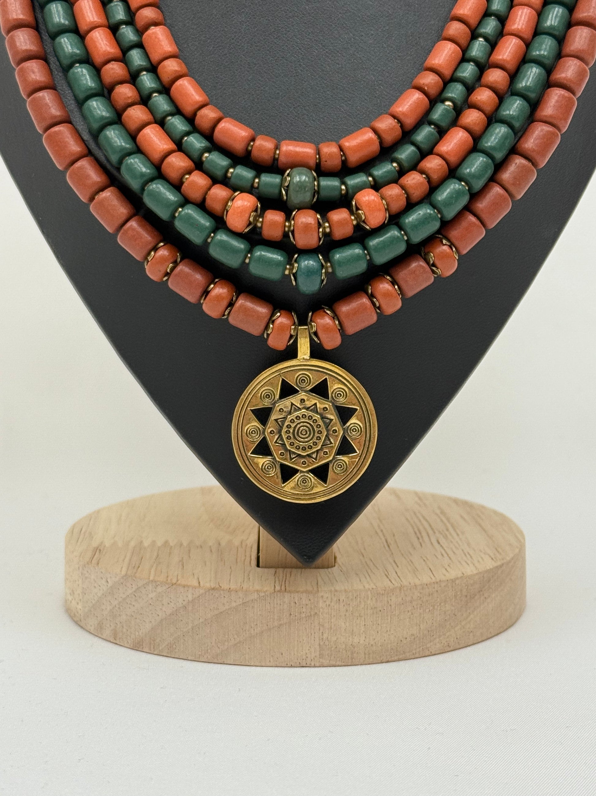 Five-Strand Kosiv Ceramic Necklace with Brass Pendant