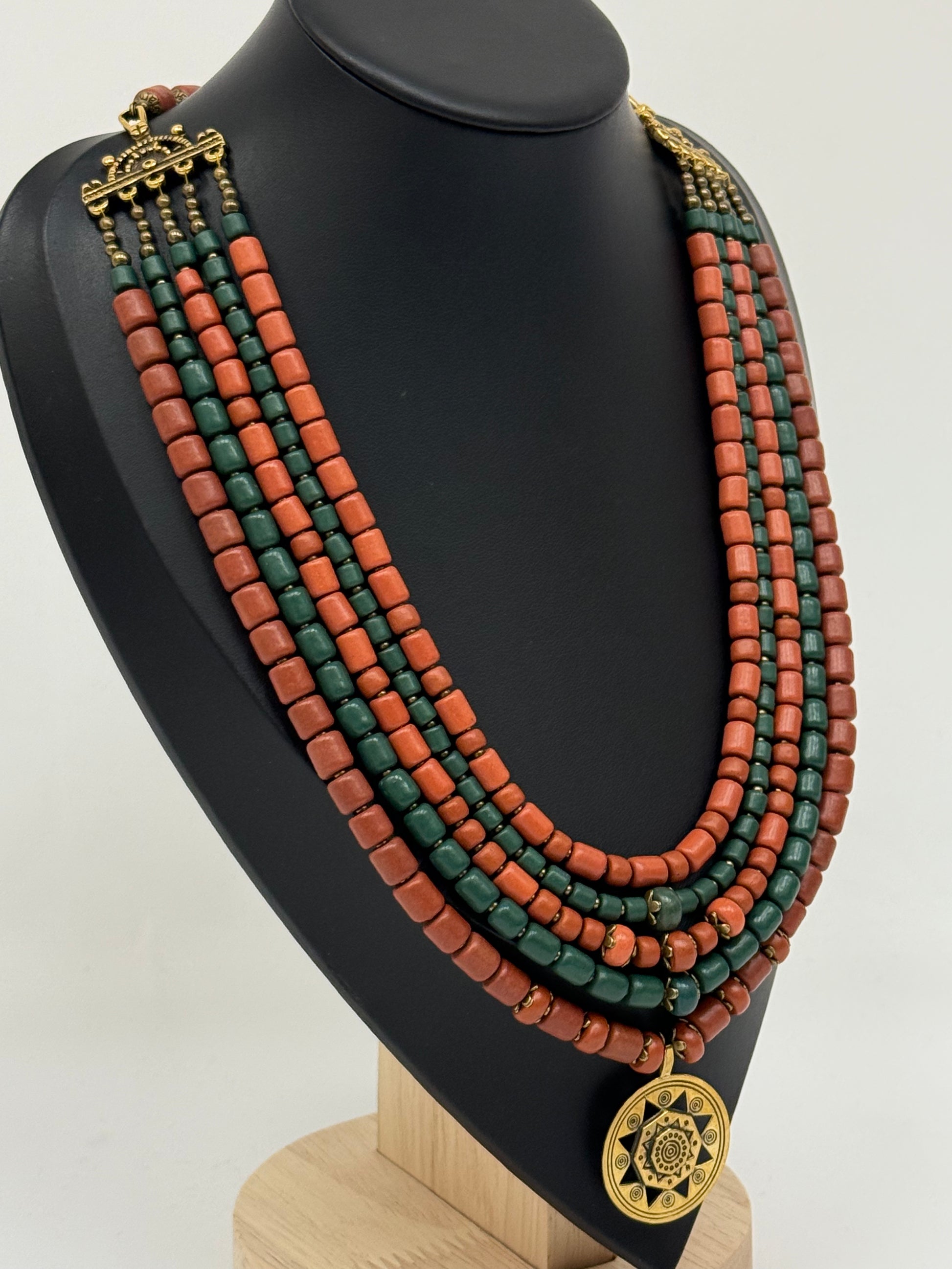 Five-Strand Kosiv Ceramic Necklace with Brass Pendant
