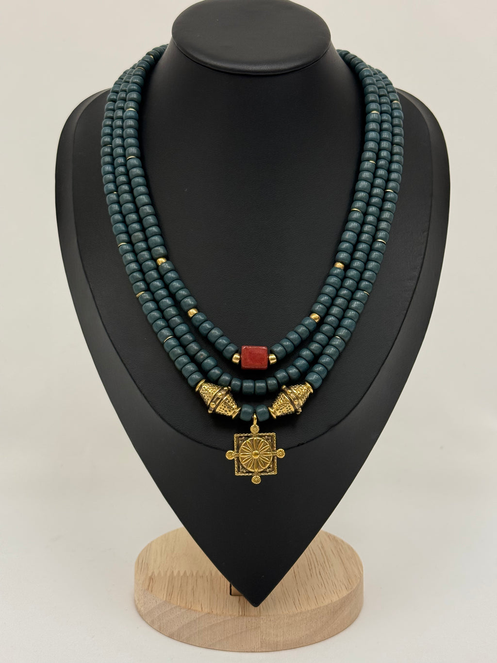 Three-Strand Turquoise Kosiv Ceramic Necklace with Brass Pendant and Beads