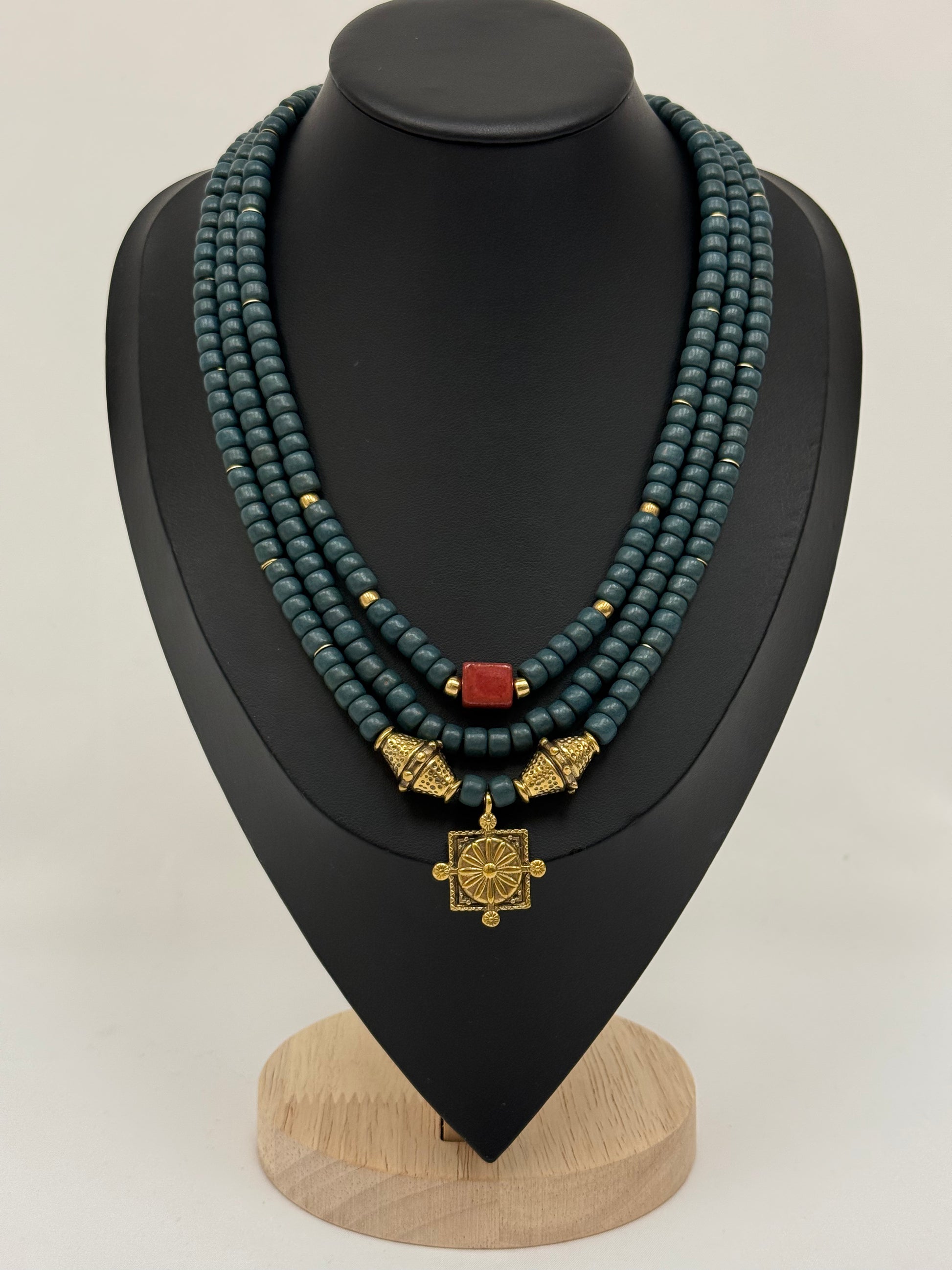Three-Strand Turquoise Kosiv Ceramic Necklace with Brass Pendant and Beads
