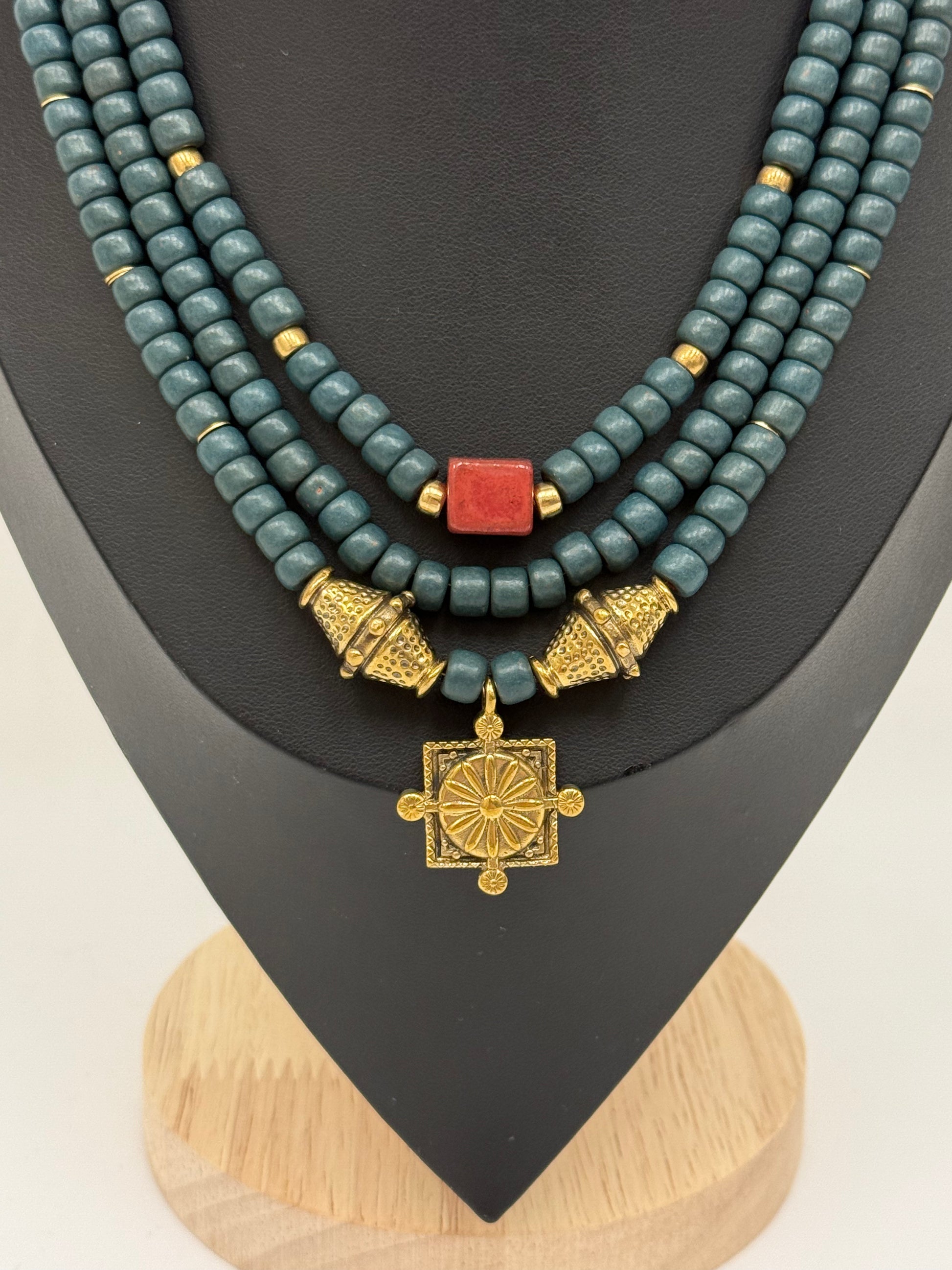 Three-Strand Turquoise Kosiv Ceramic Necklace with Brass Pendant and Beads