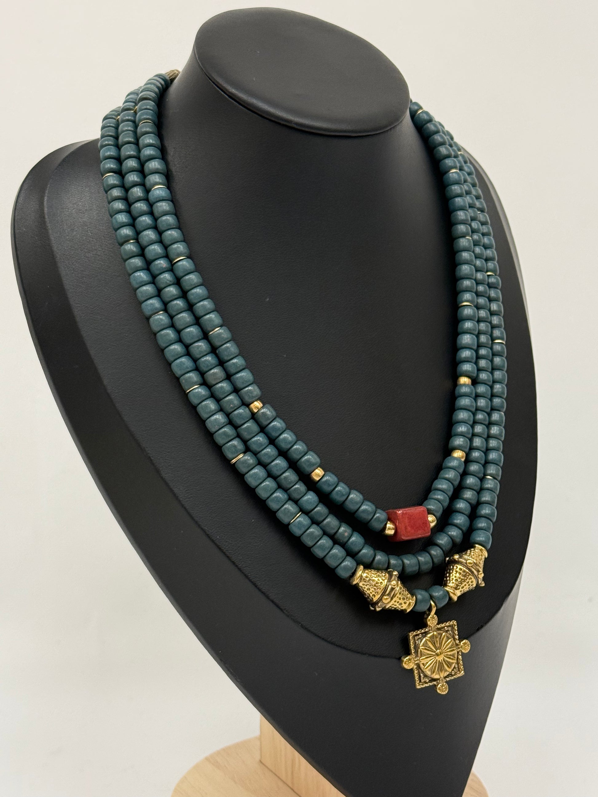 Three-Strand Turquoise Kosiv Ceramic Necklace with Brass Pendant and Beads