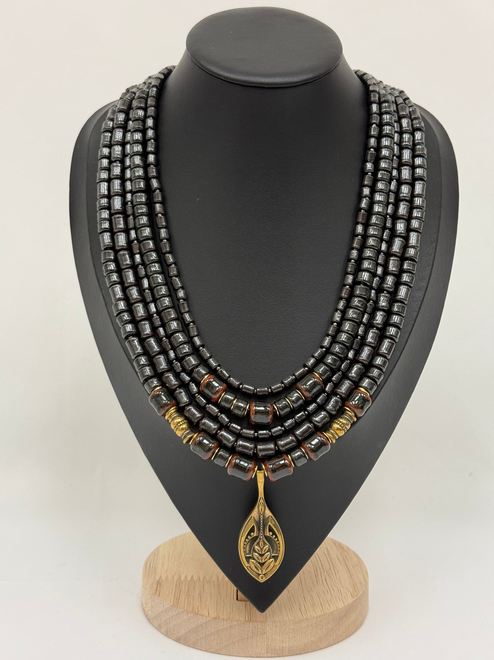 Five-Strand Kosiv Ceramic Necklace with Brass Petal Pendant
