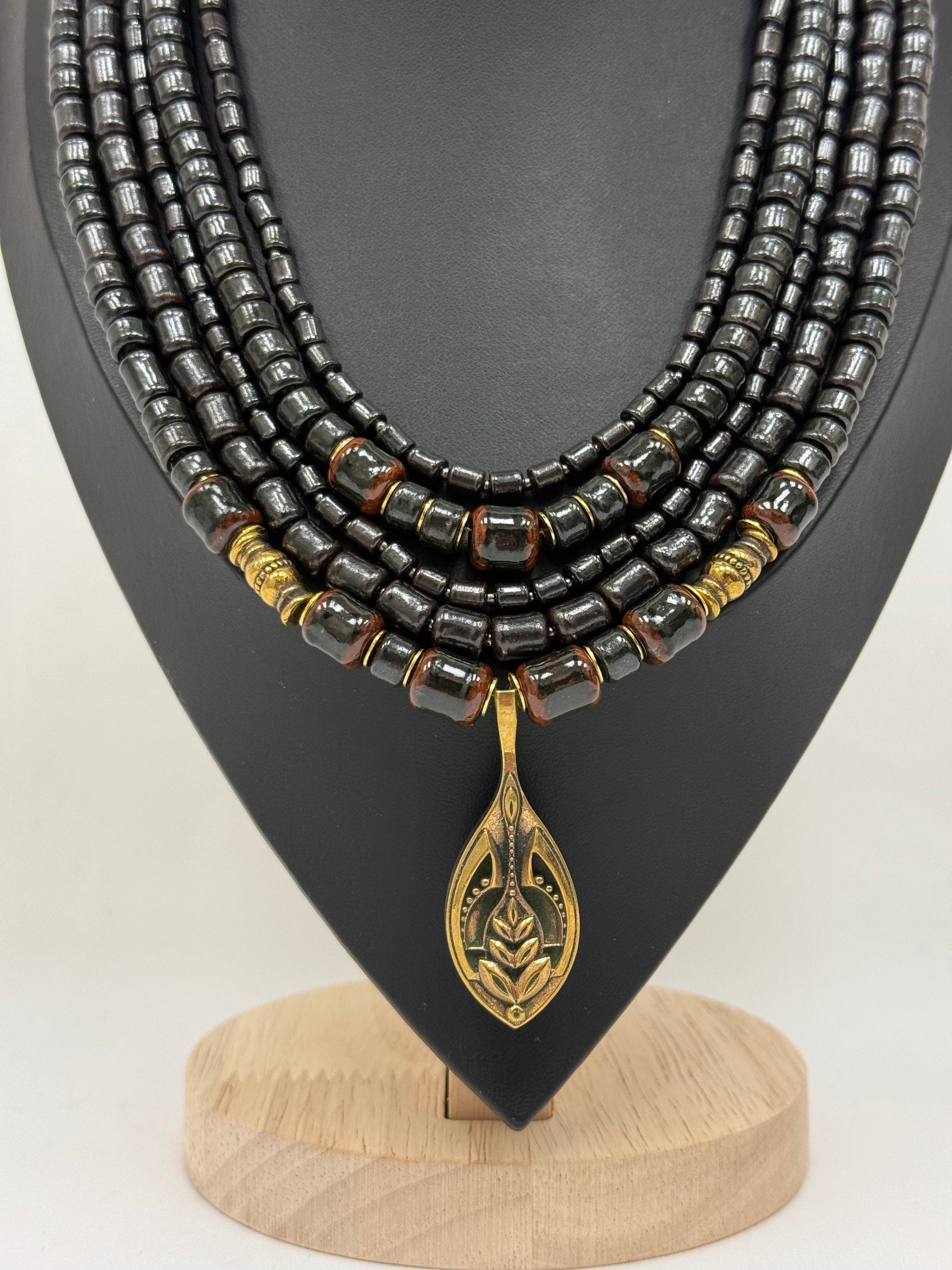 Five-Strand Kosiv Ceramic Necklace with Brass Petal Pendant