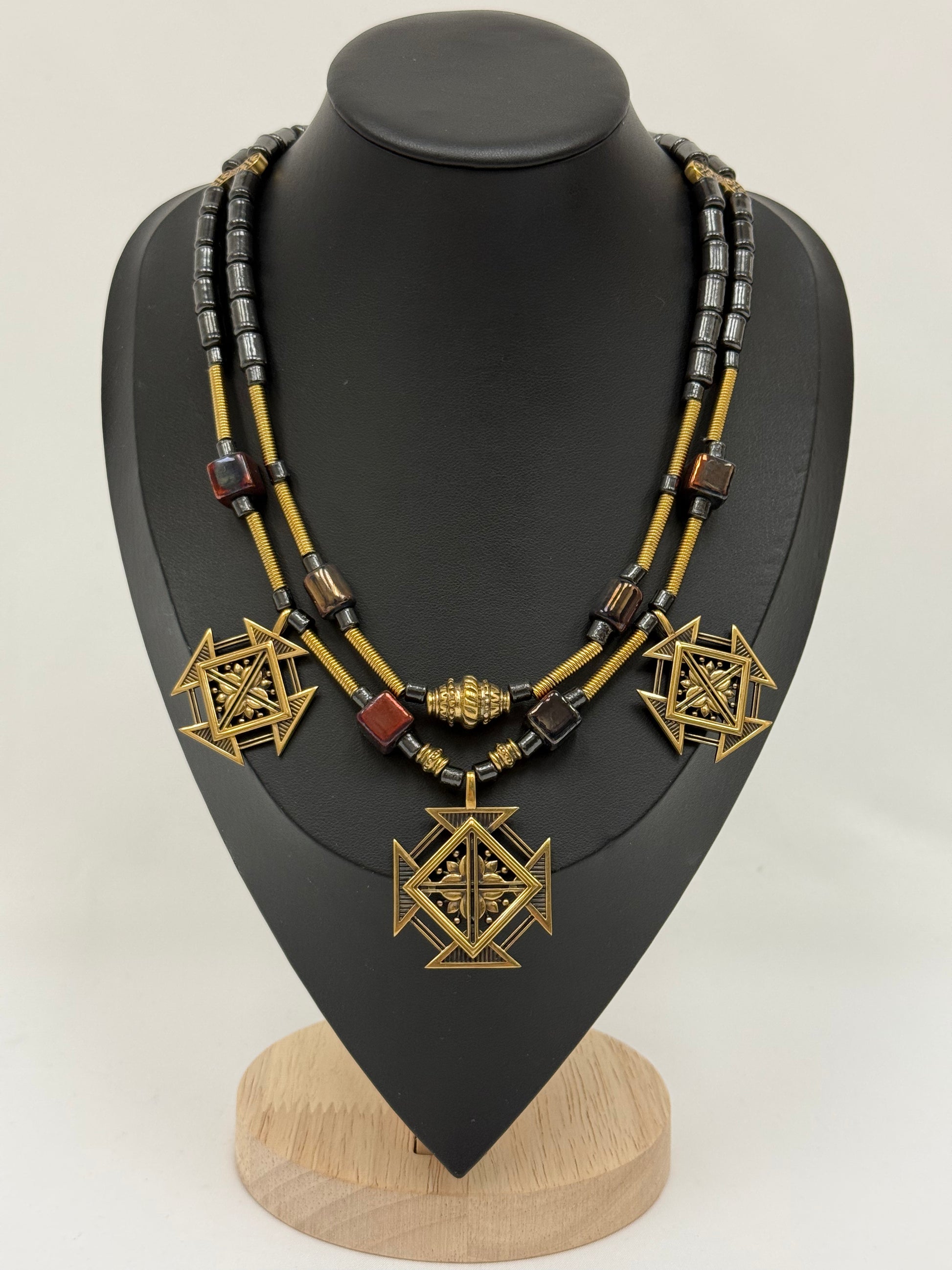 Zgarda Necklace with Kosiv Ceramic and Brass Crosses