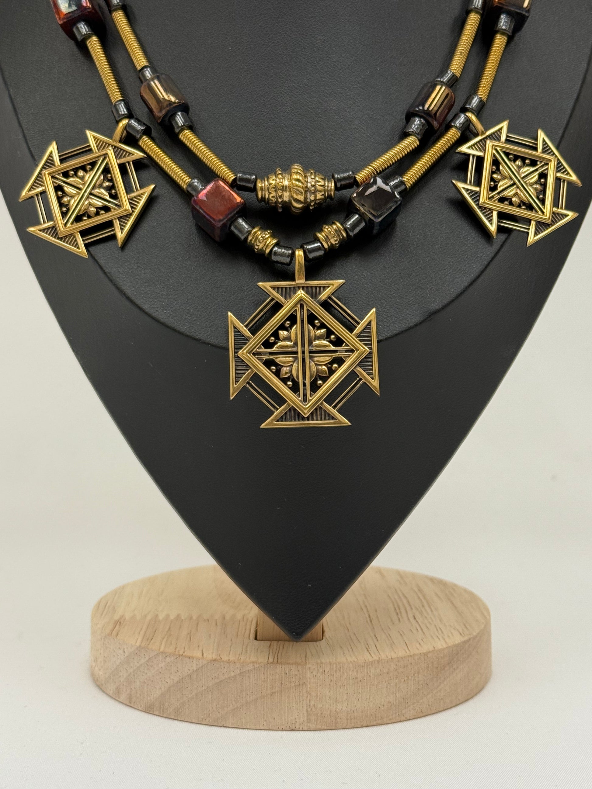 Zgarda Necklace with Kosiv Ceramic and Brass Crosses