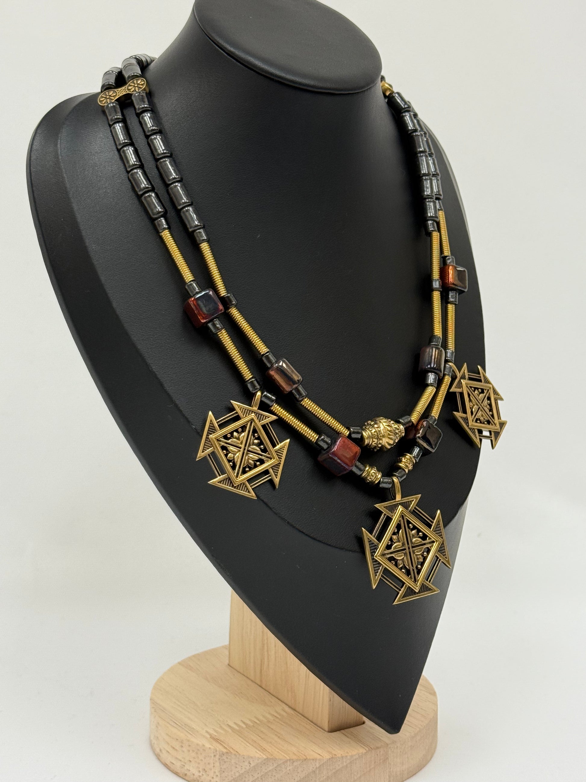 Zgarda Necklace with Kosiv Ceramic and Brass Crosses