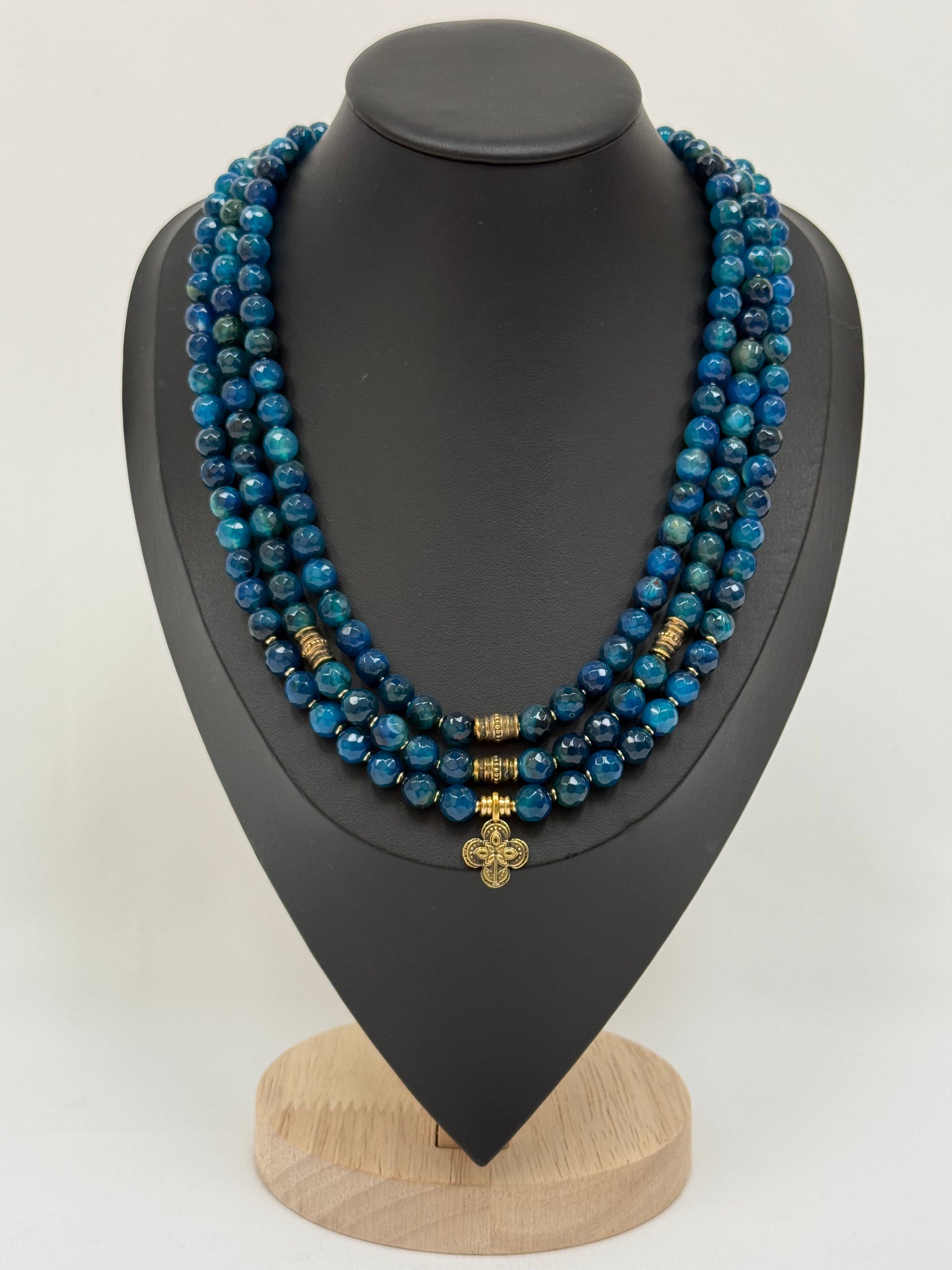 Three-Strand Blue Apatite Necklace with Brass Pendants