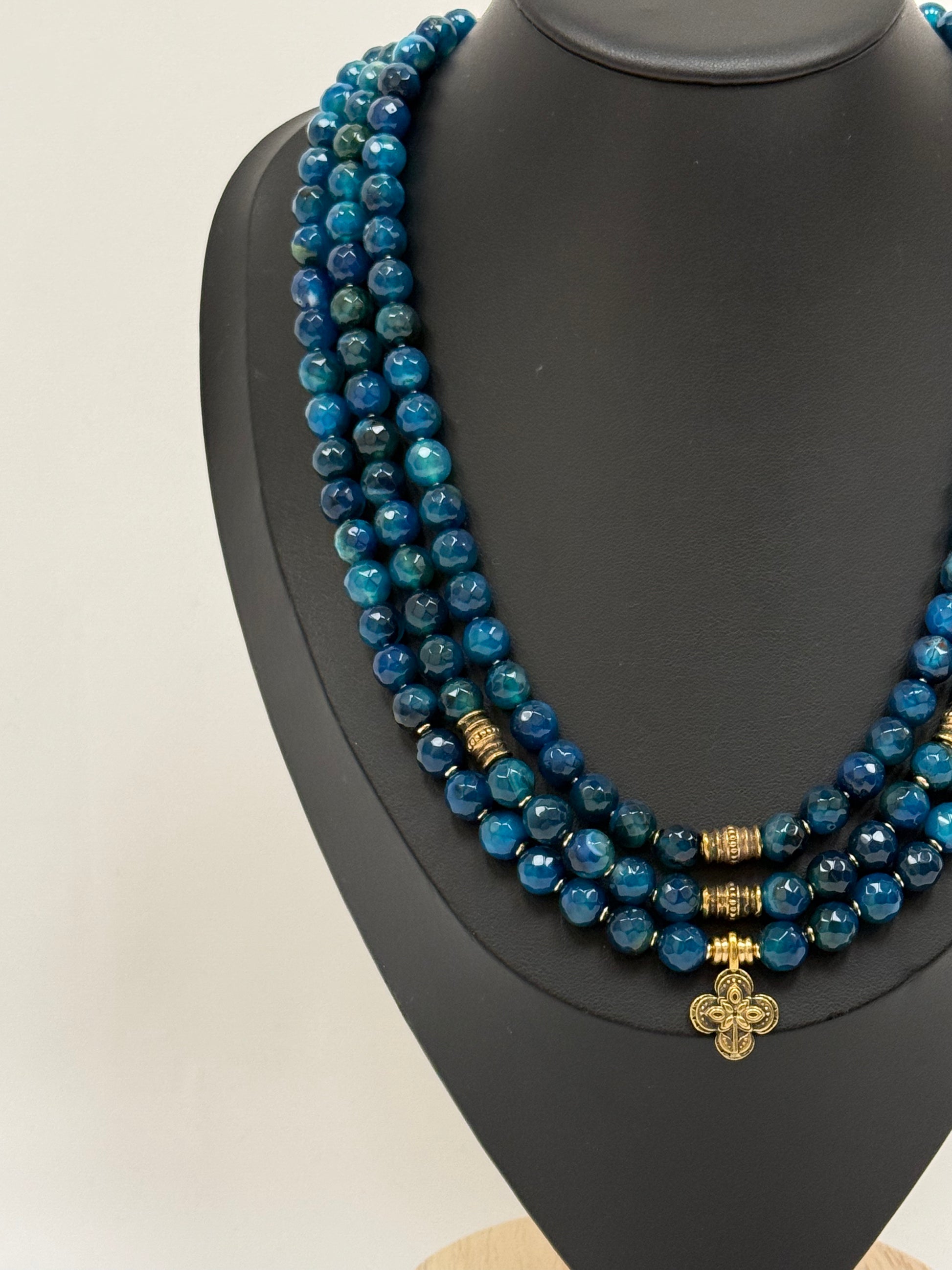 Three-Strand Blue Apatite Necklace with Brass Pendants