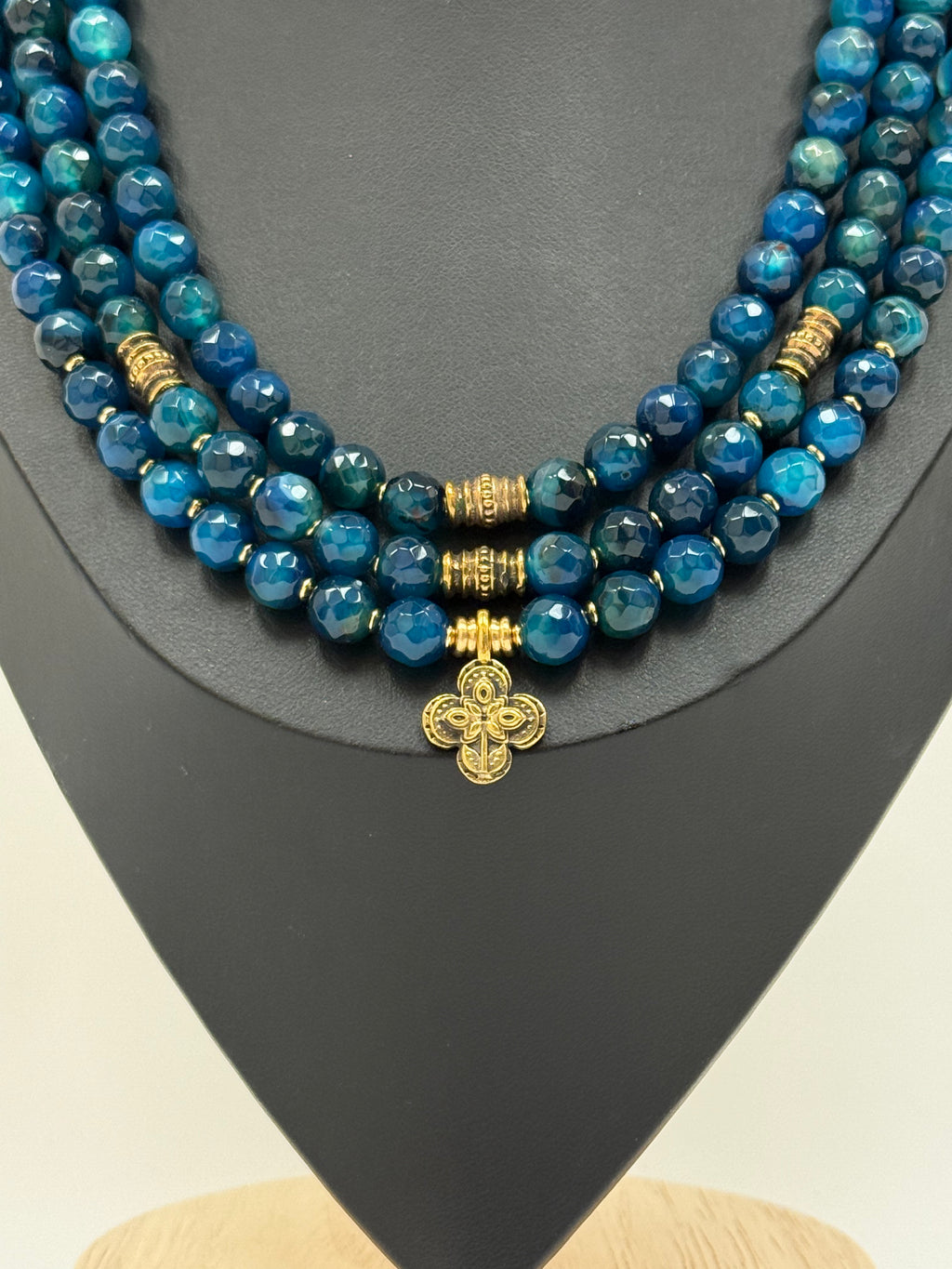Three-Strand Blue Apatite Necklace with Brass Pendants