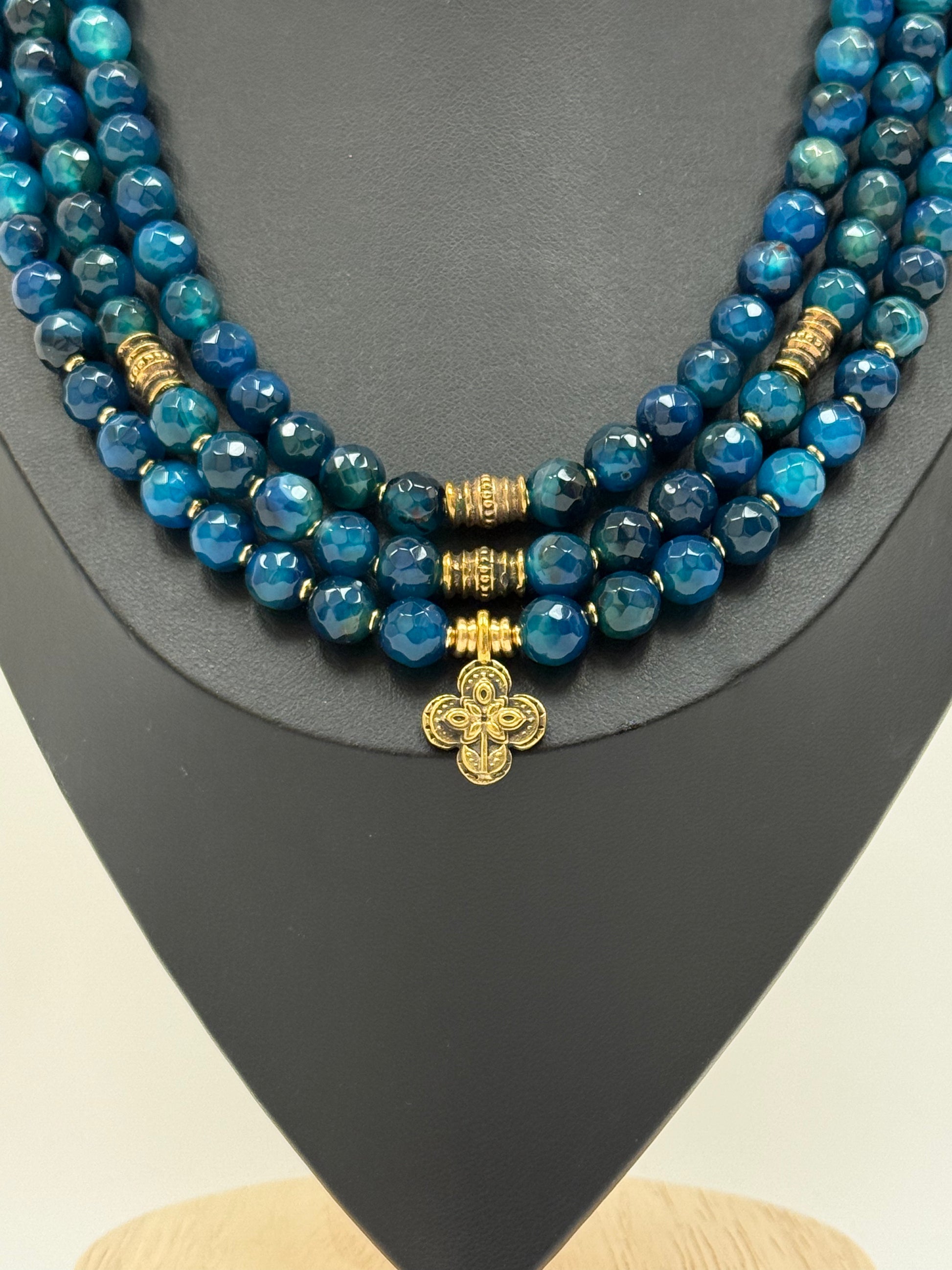 Three-Strand Blue Apatite Necklace with Brass Pendants