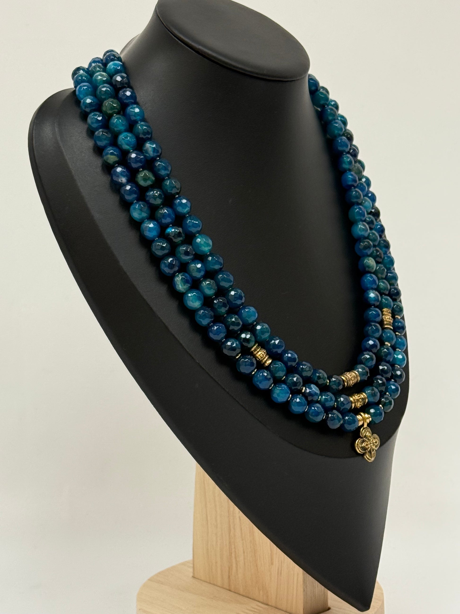 Three-Strand Blue Apatite Necklace with Brass Pendants