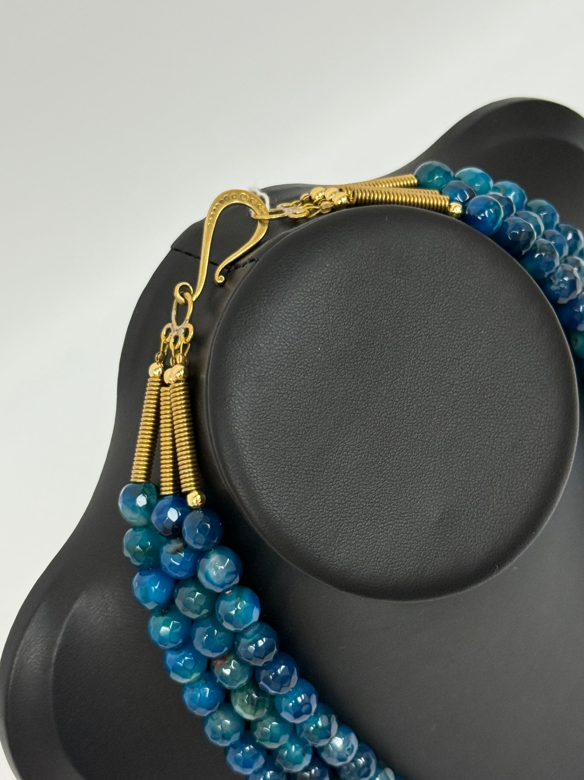 Three-Strand Blue Apatite Necklace with Brass Pendants