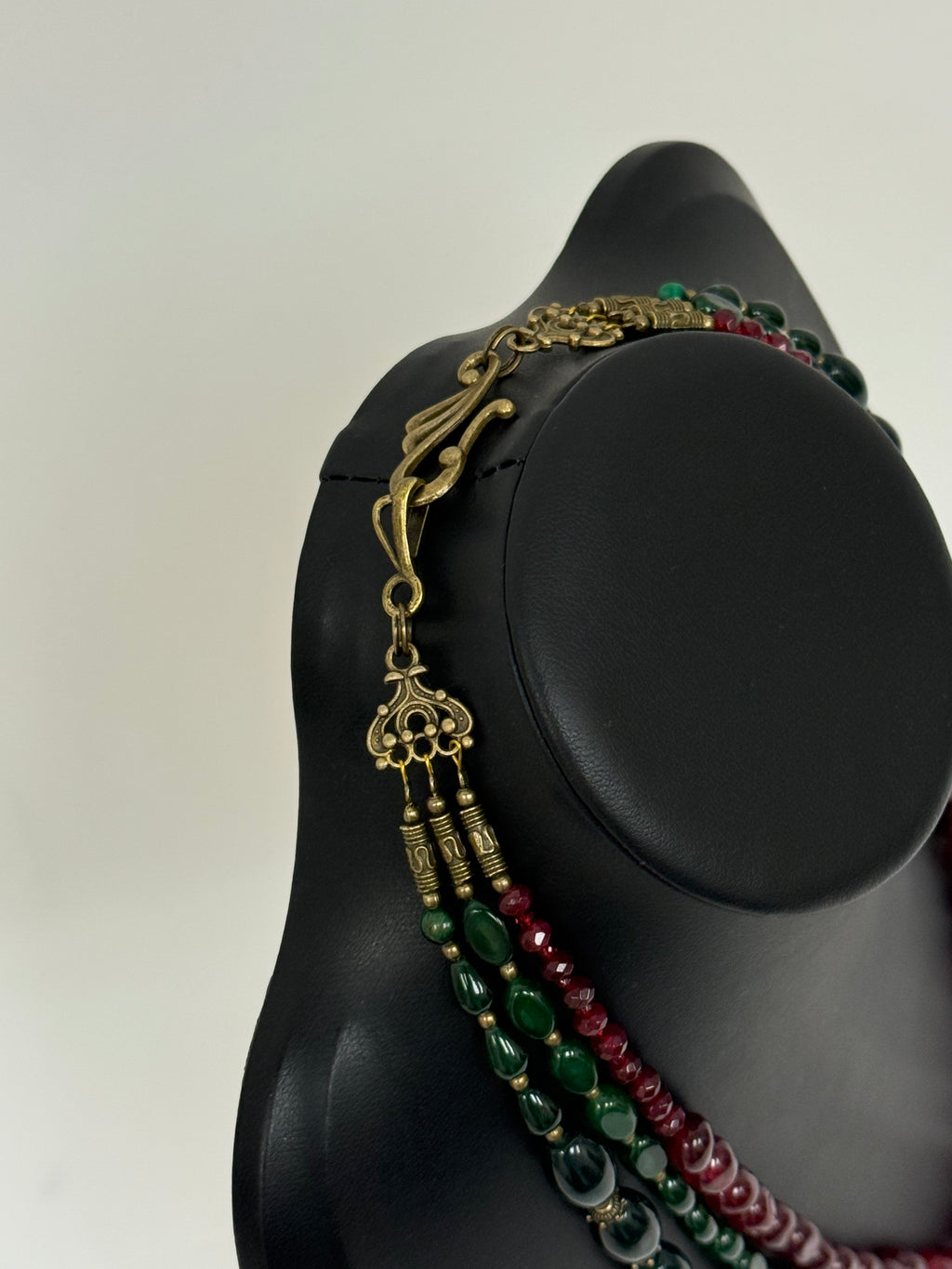 Three-Strand Chalcedony Necklace with Handmade Ceramic Beads