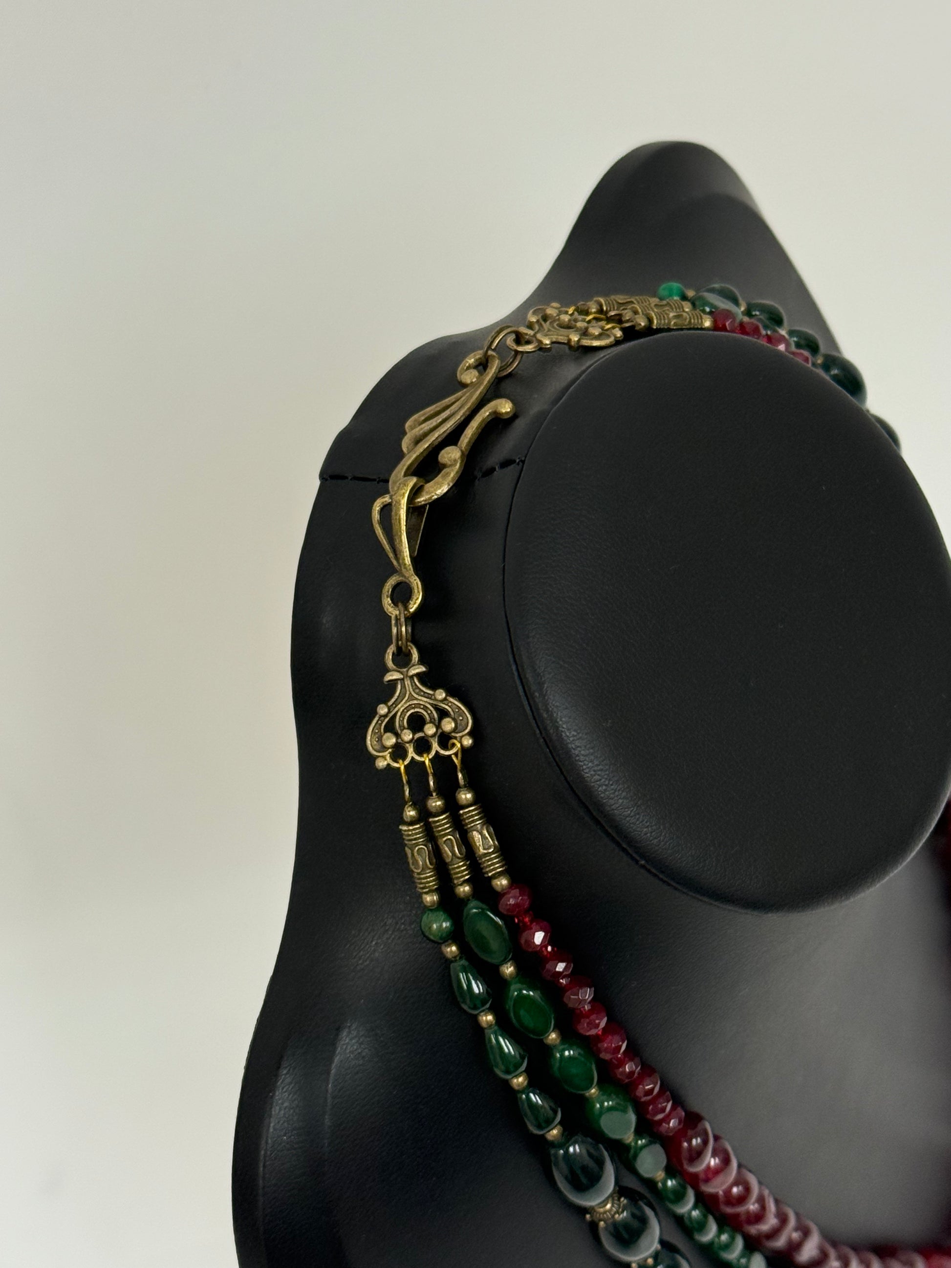 Three-Strand Chalcedony Necklace with Handmade Ceramic Beads