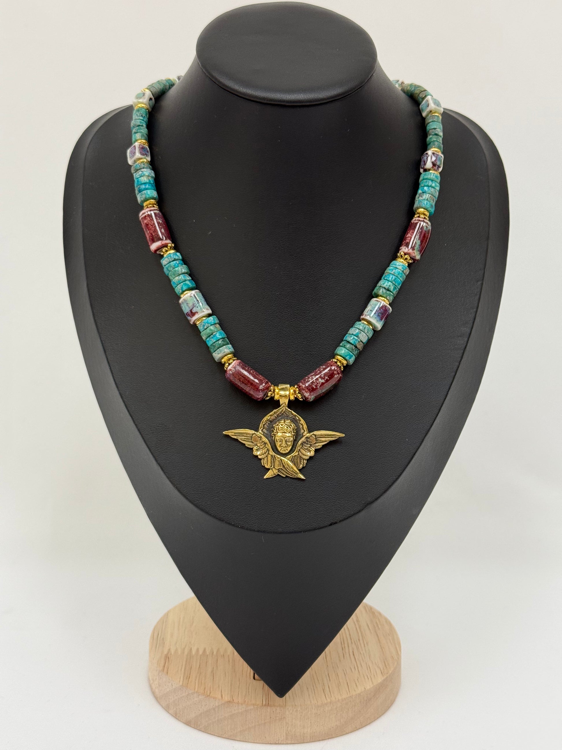 Stone and Ceramic Bead Necklace with Angel Pendant