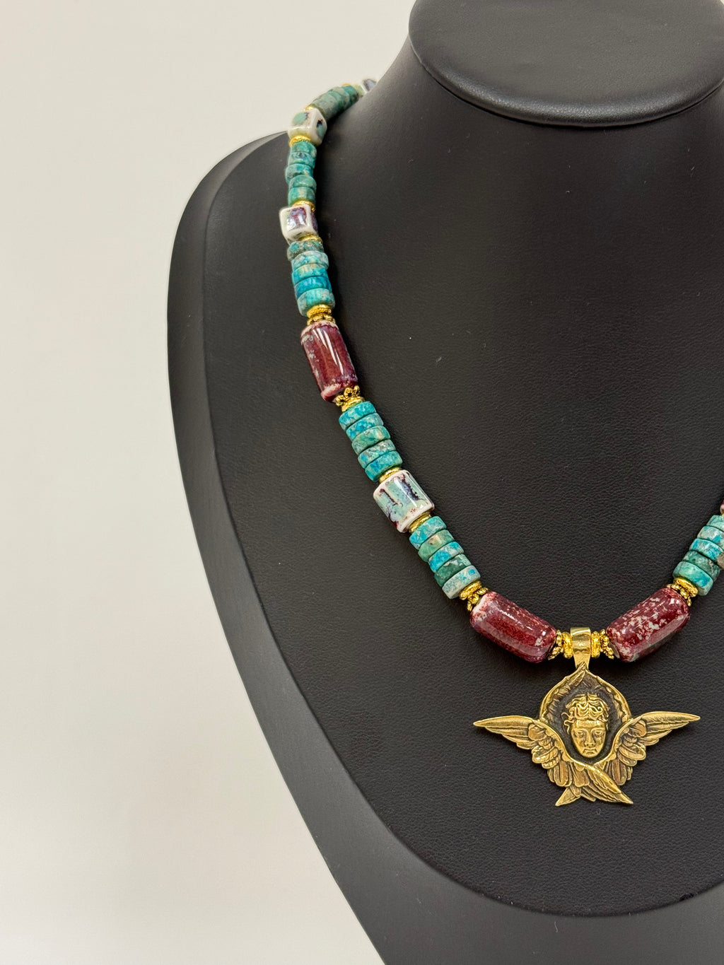 Stone and Ceramic Bead Necklace with Angel Pendant