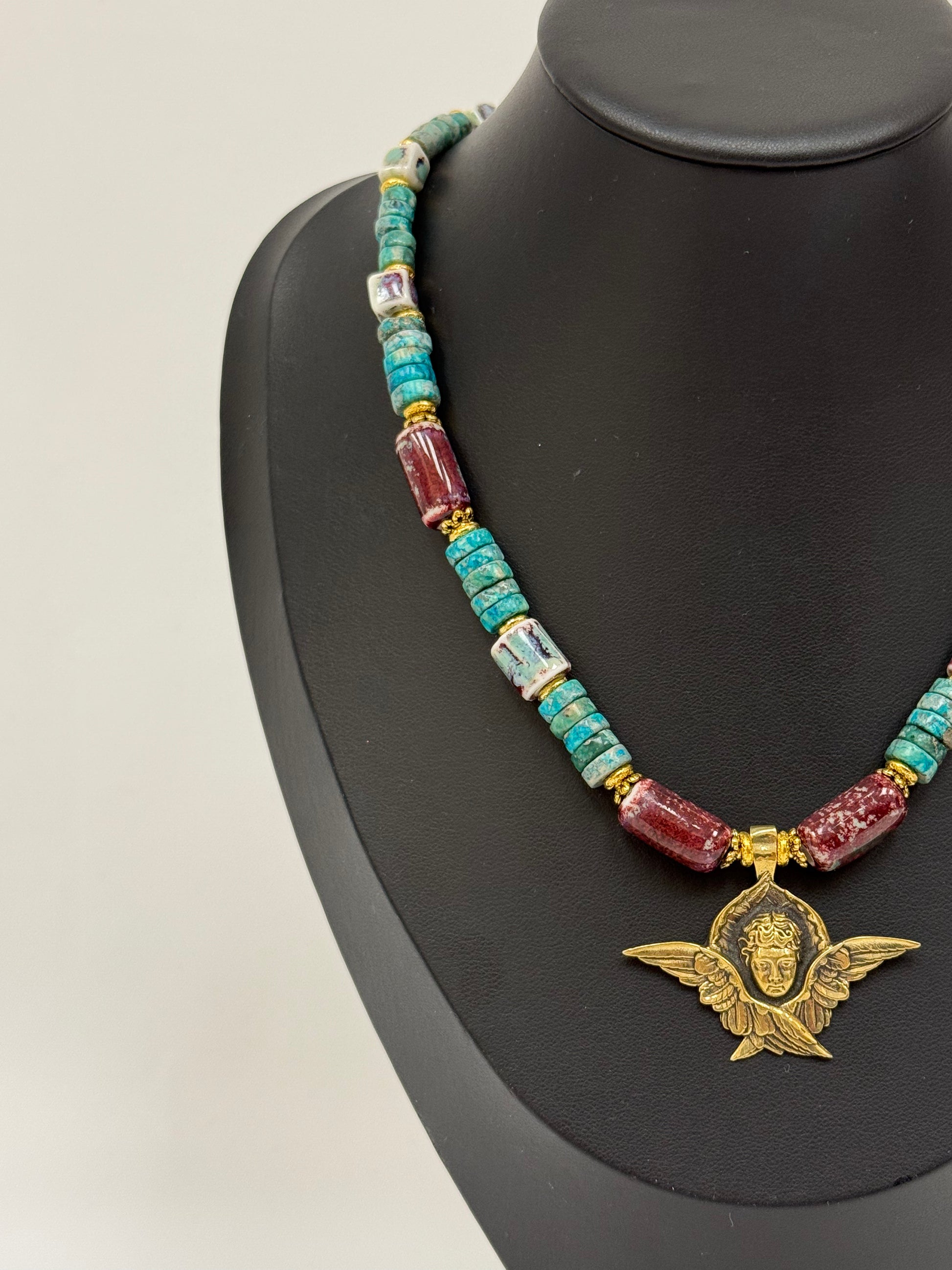 Stone and Ceramic Bead Necklace with Angel Pendant