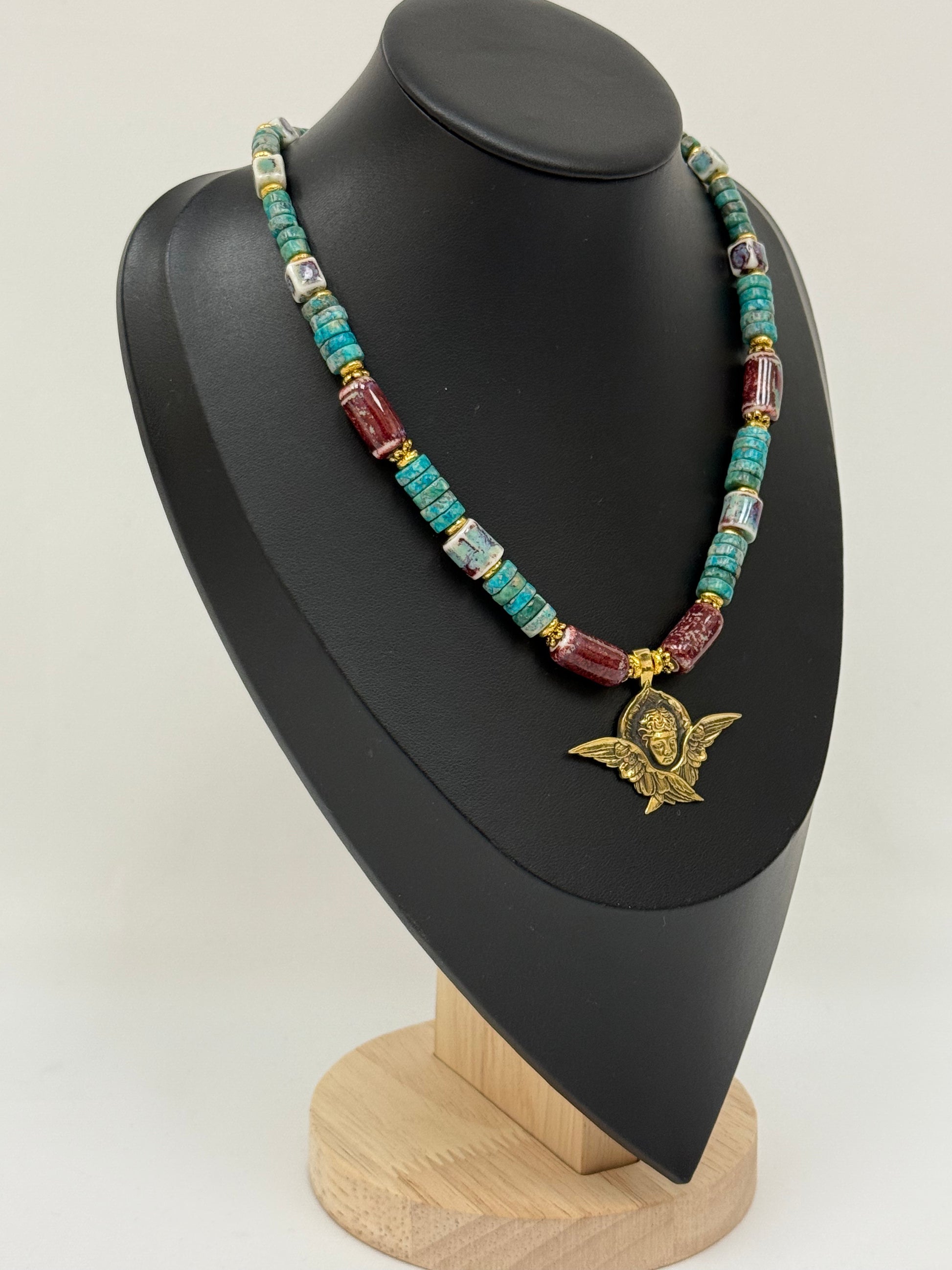Stone and Ceramic Bead Necklace with Angel Pendant