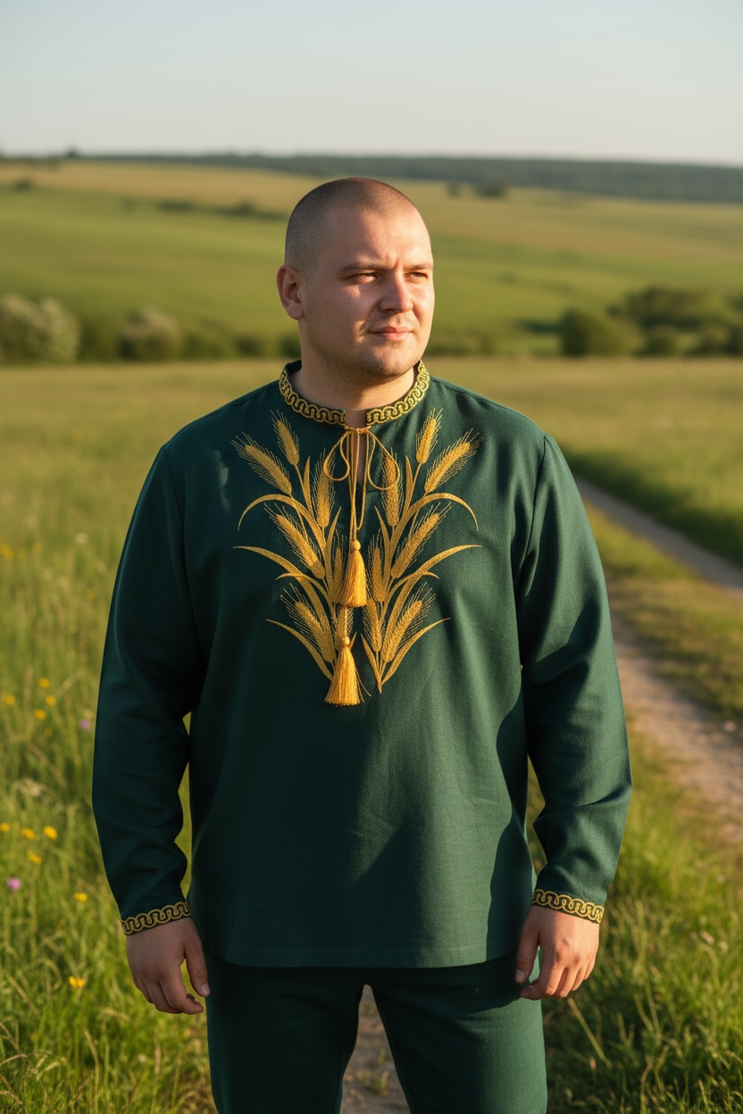 Men’s Linen Dark Green Vyshyvanka With Traditional Embroidery Long Sleeve