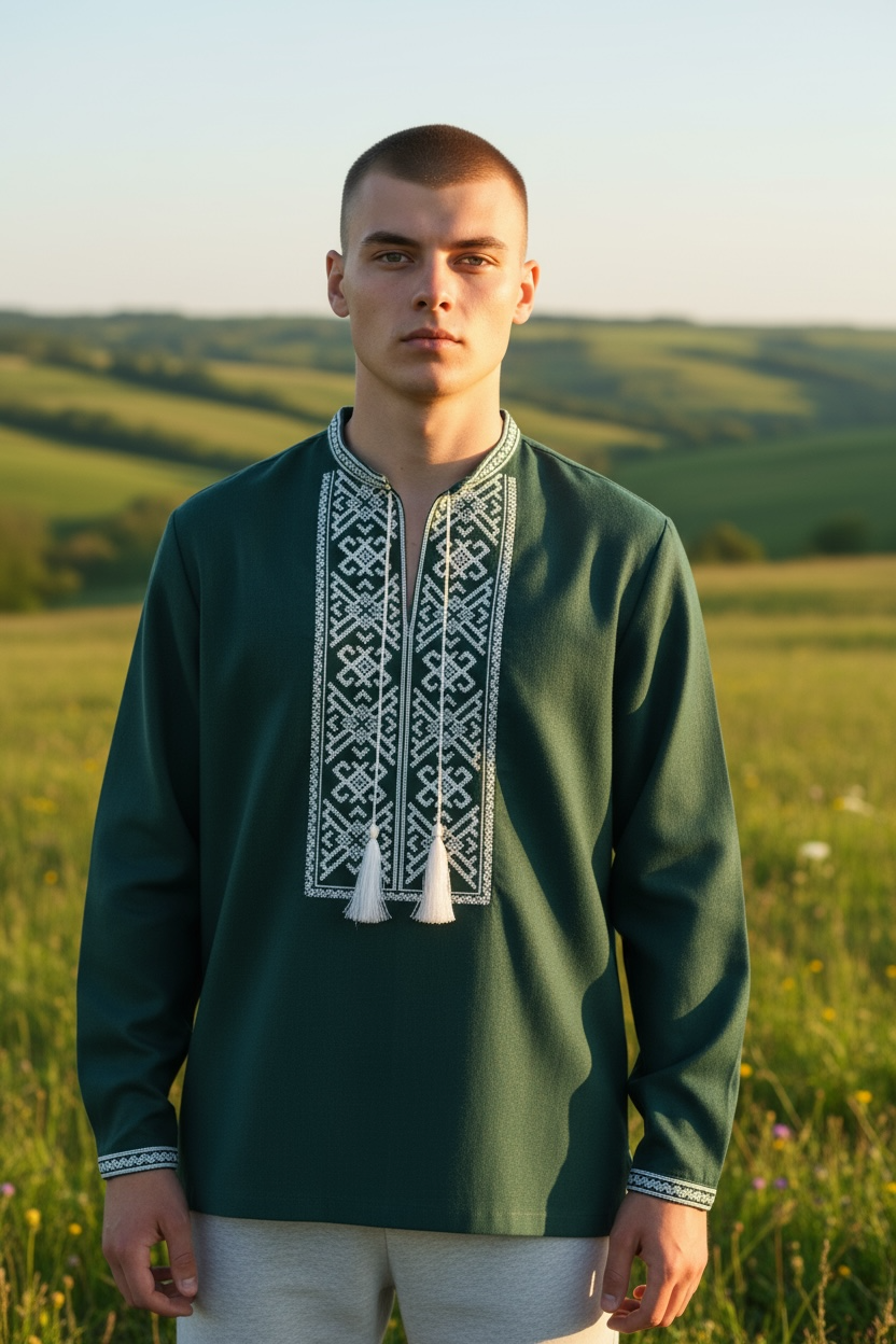Men’s Linen Dark Green Vyshyvanka With Traditional Embroidery Long Sleeve